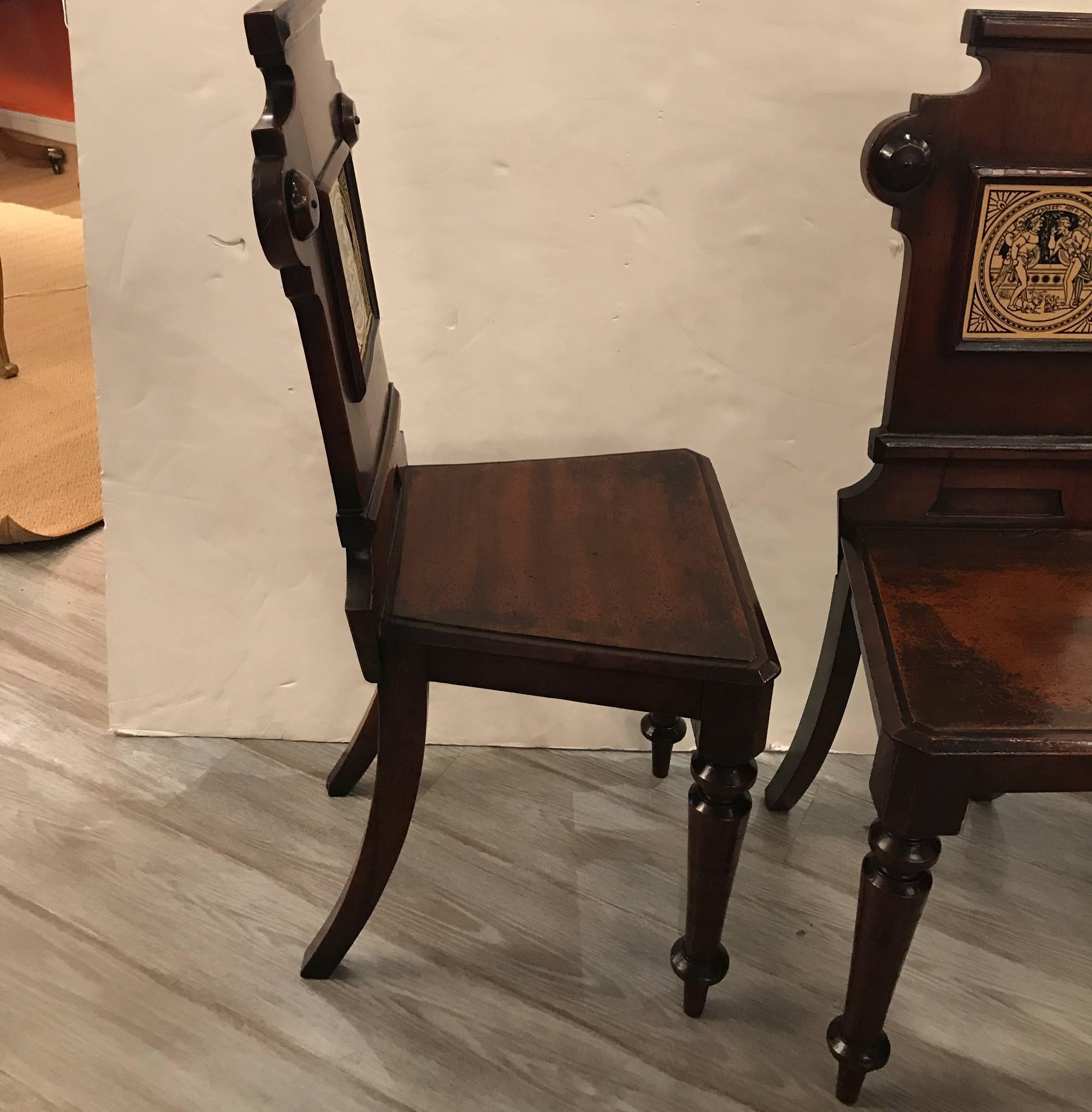 Mid-19th Century A pair of 19th Century English hall chairs with Minton Tiles