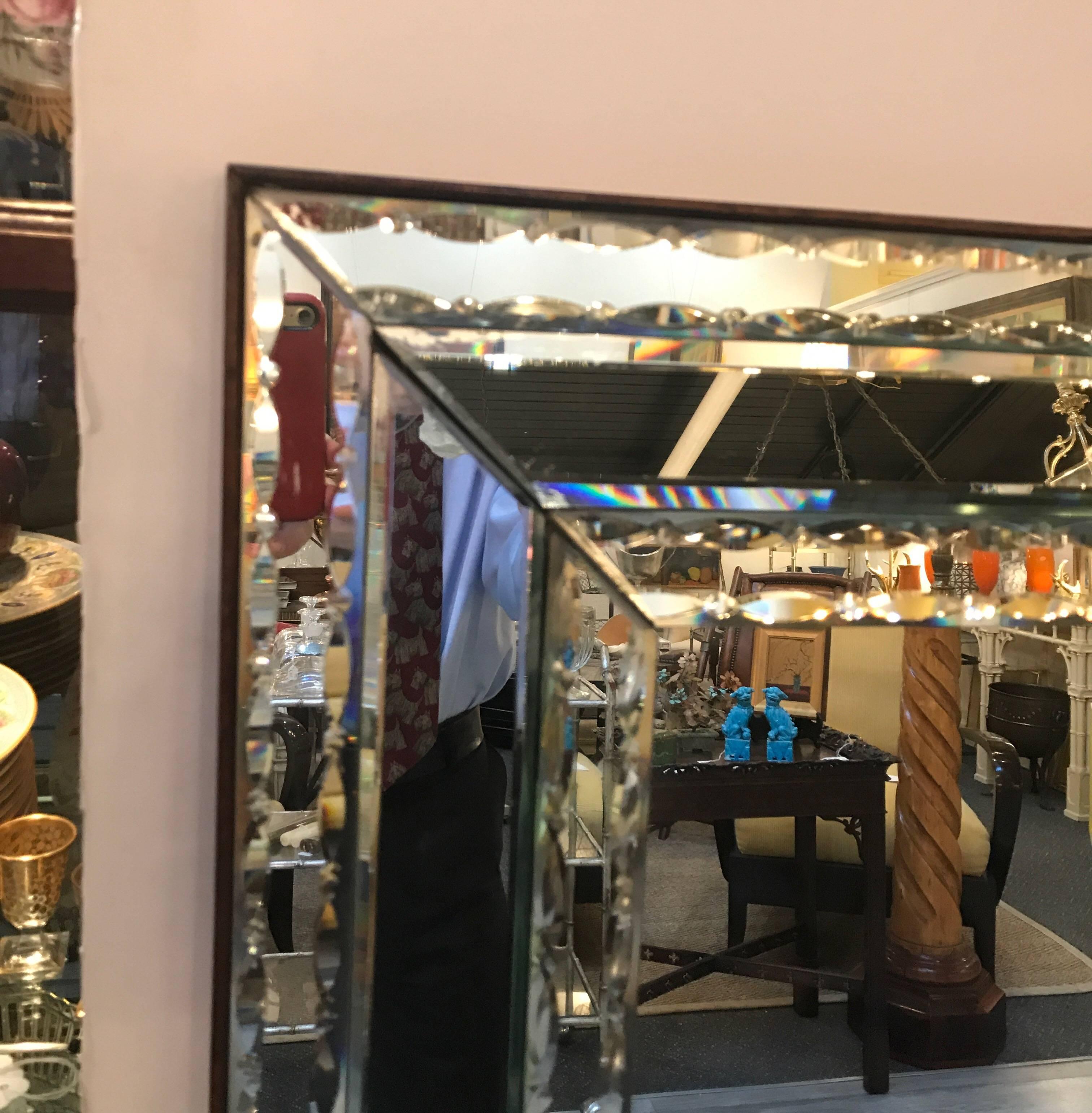 Art Deco Large Antique Venetian Mirror with Mahogany Trim