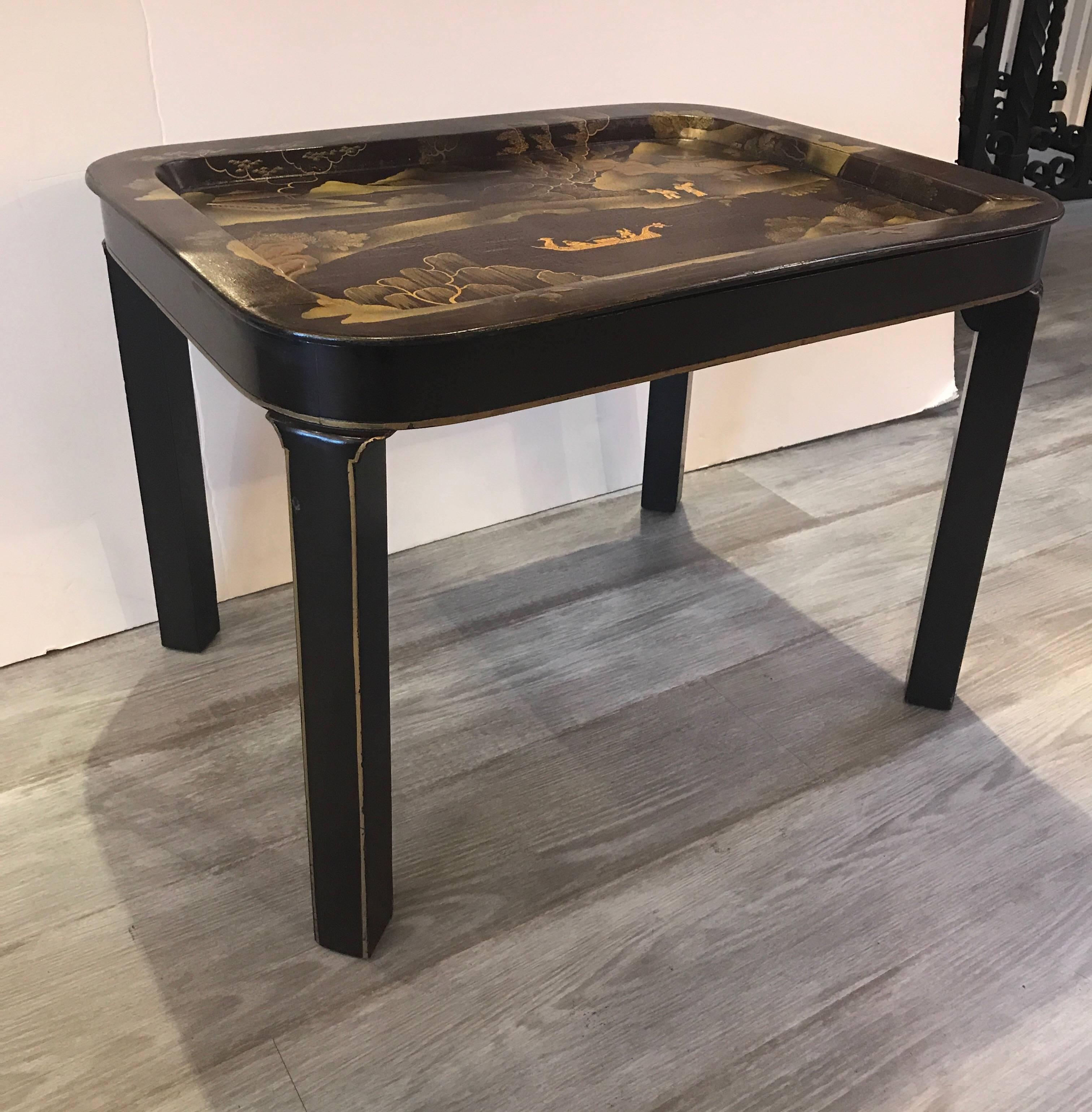 Hand-Painted Lacquer Tray Top Chinoiserie Drinks Cocktail Table