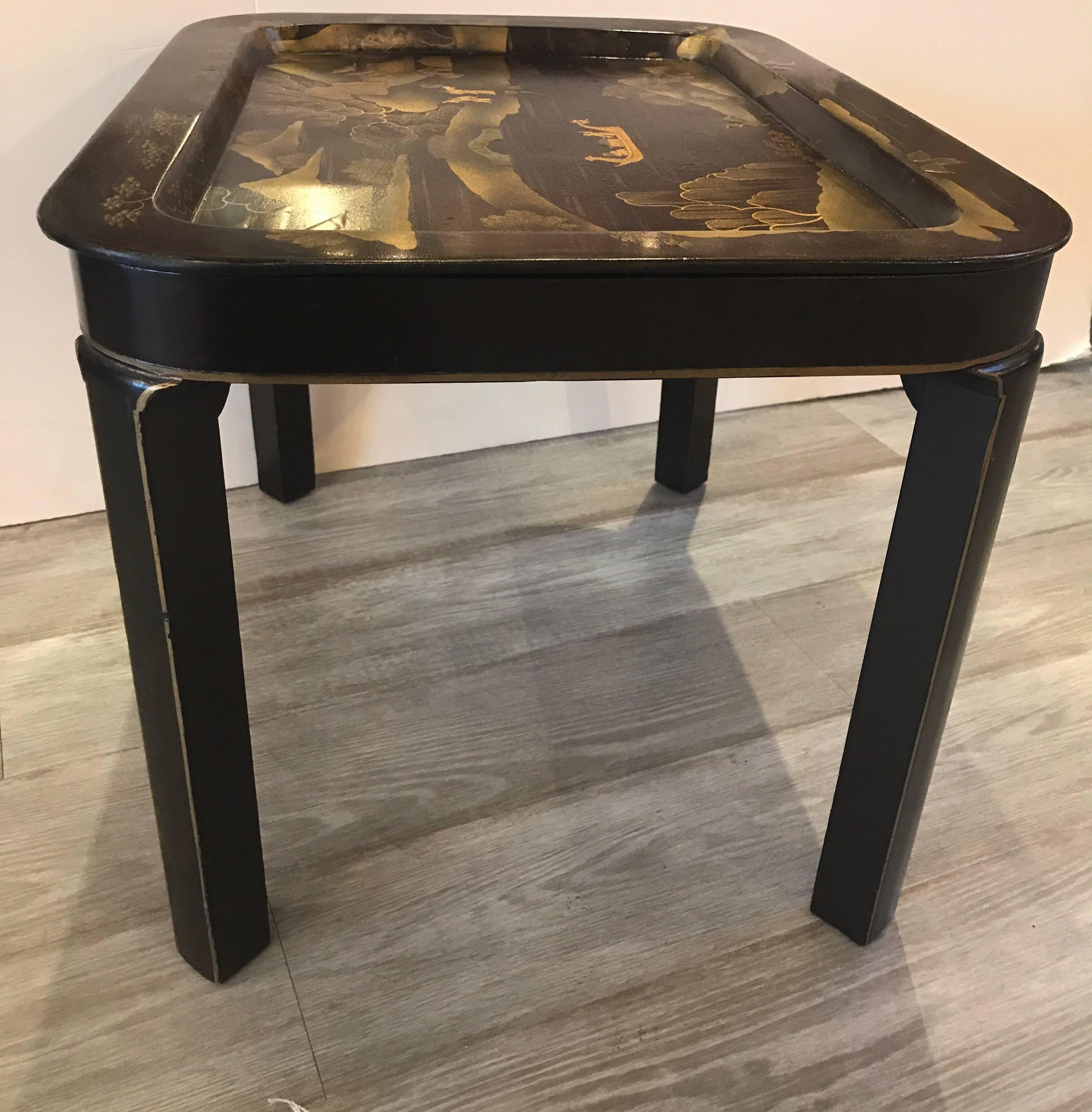 Lacquer Tray Top Chinoiserie Drinks Cocktail Table In Excellent Condition In Lambertville, NJ