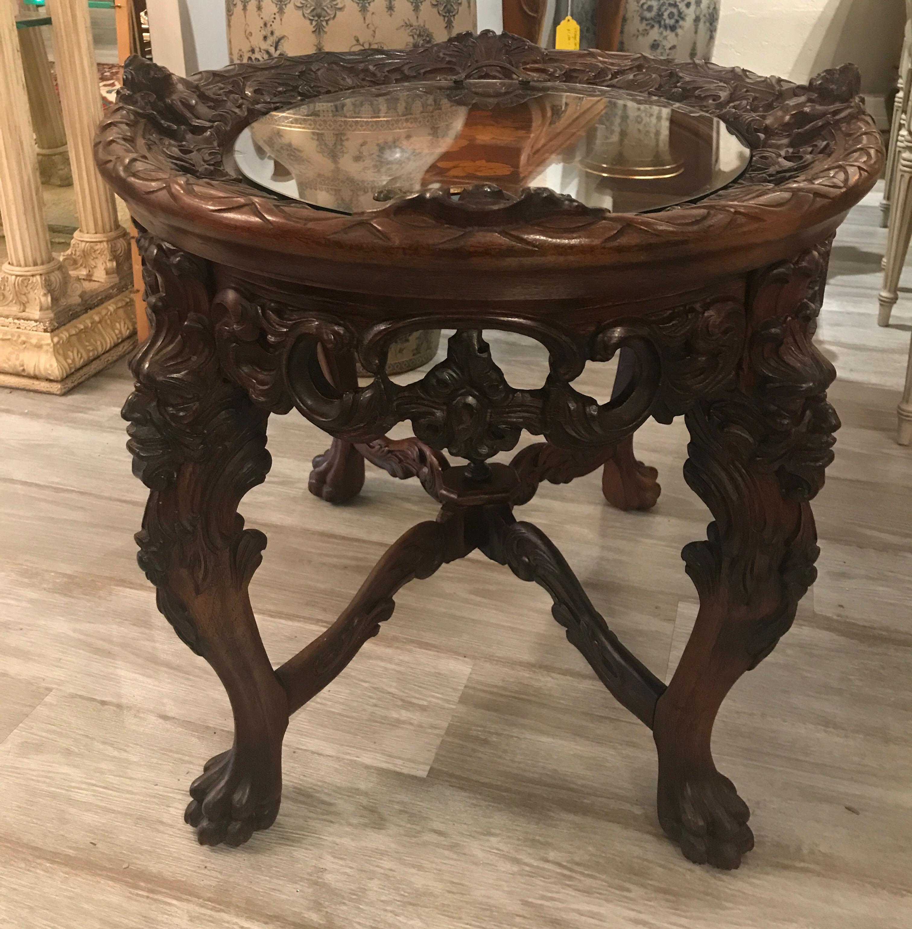 Victorian Antique Hand Carved Walnut Cocktail Table with Inlay
