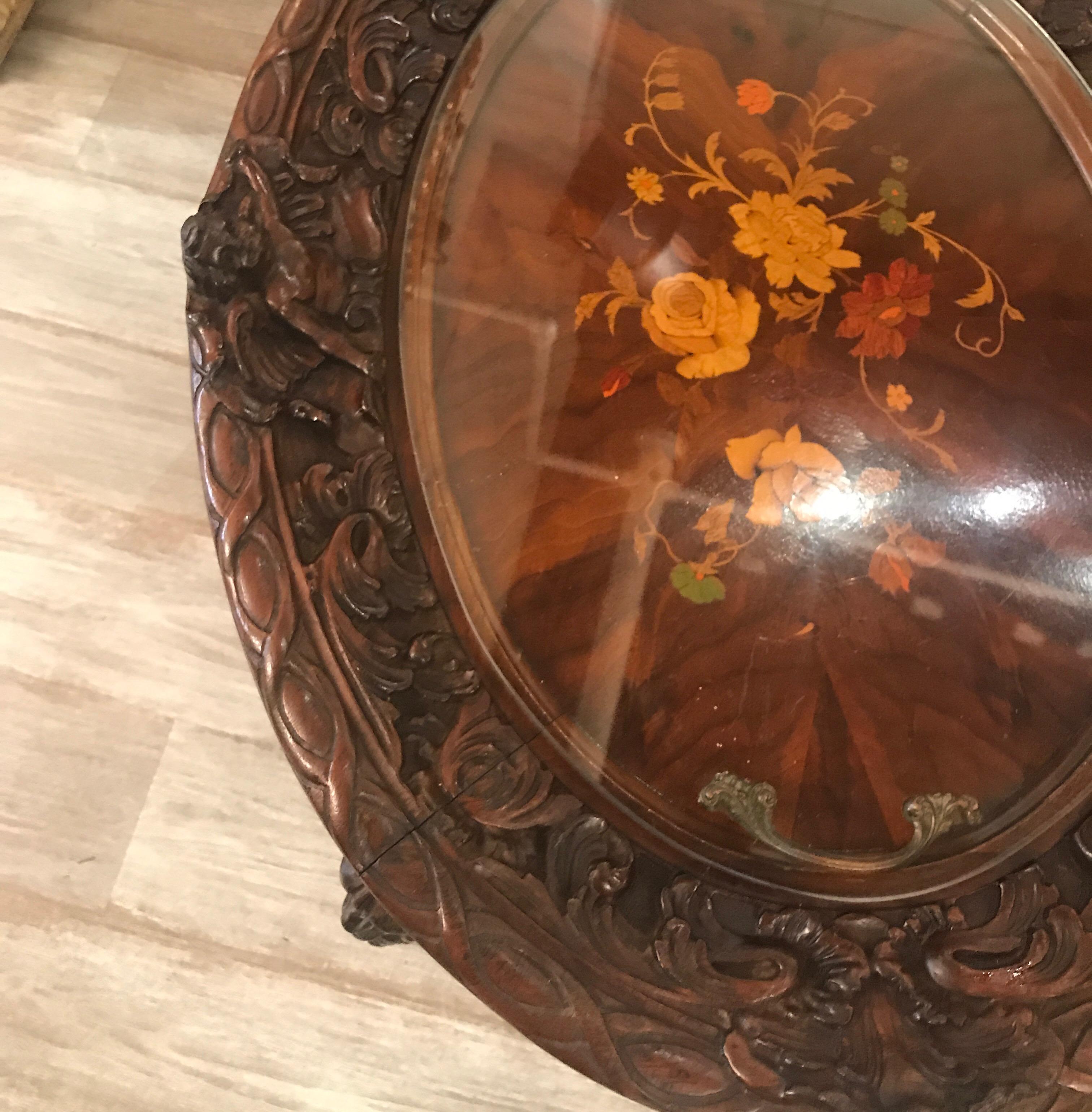 Hand-Carved Antique Hand Carved Walnut Cocktail Table with Inlay