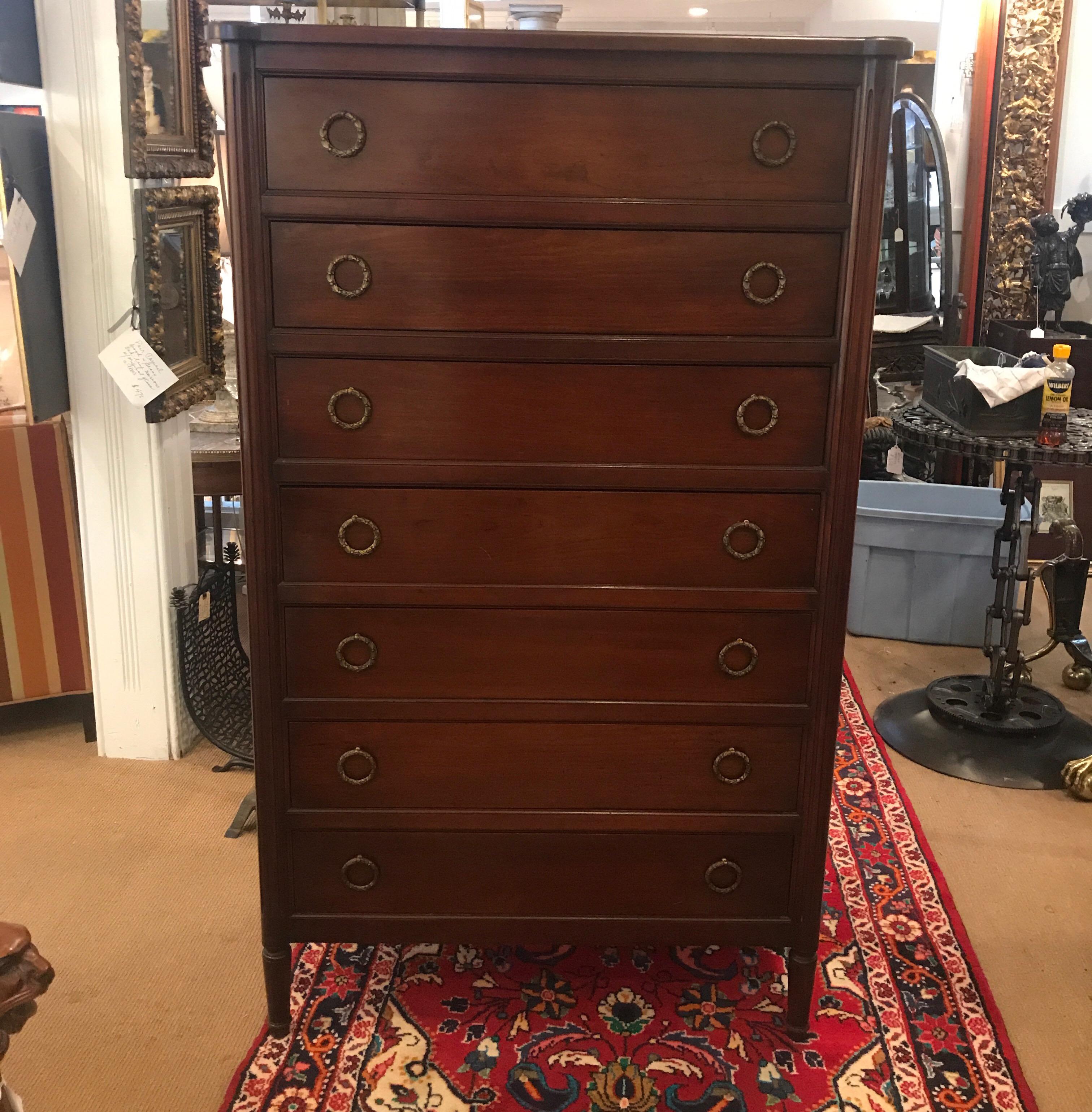 Louis XVI Style Walnut Tall Chest of Drawers 9