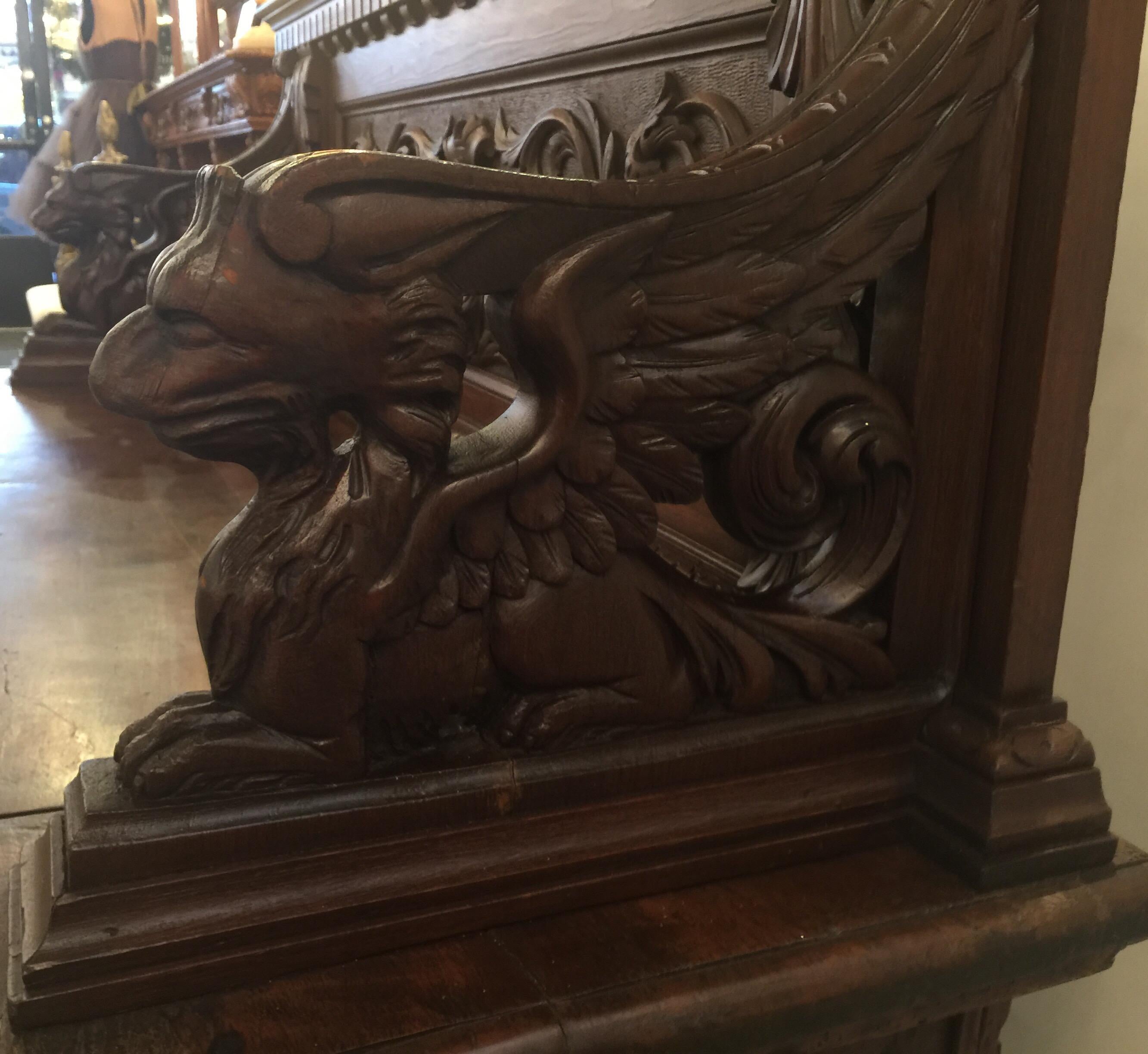 19th Century Hand Carved Gothic European Walnut Hall Bench with Griffins, circa Late 1800s