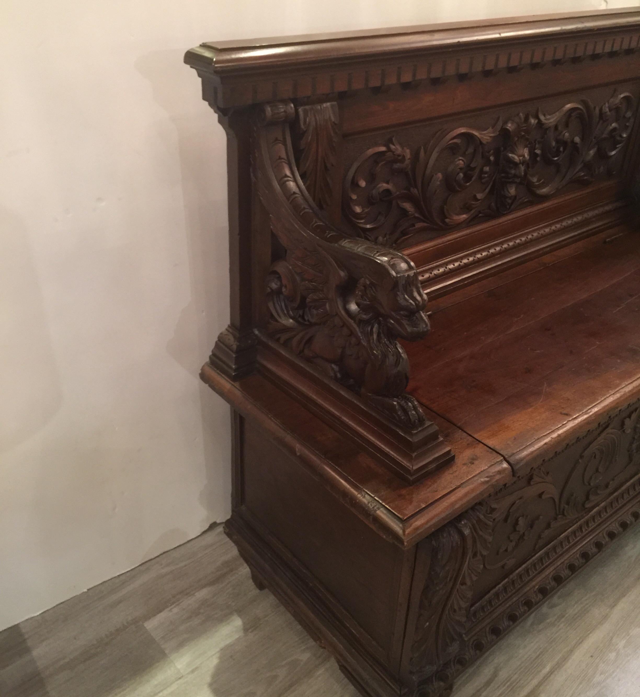 Mahogany Hand Carved Gothic European Walnut Hall Bench with Griffins, circa Late 1800s