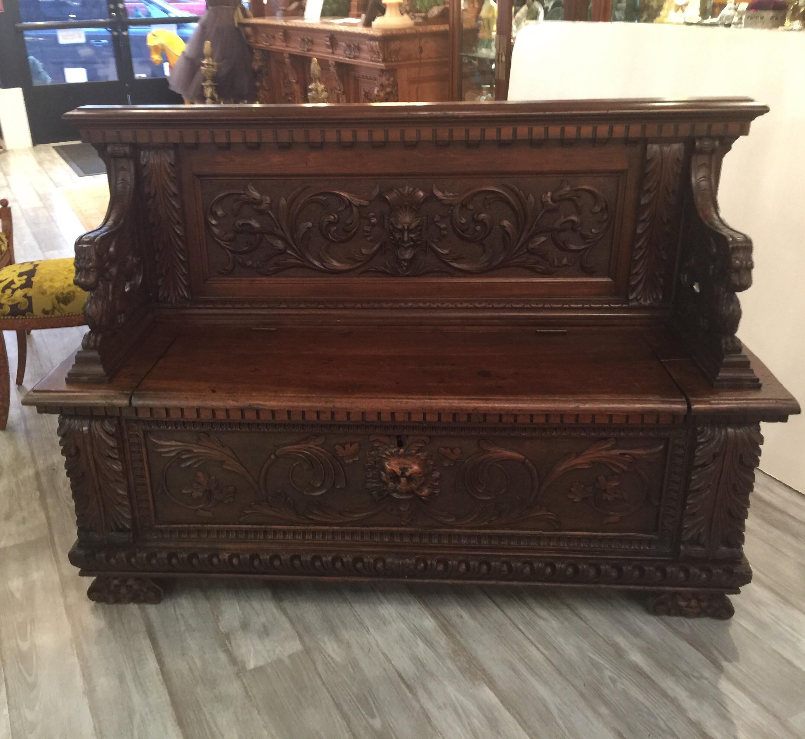 Hand Carved Gothic European Walnut Hall Bench with Griffins, circa Late 1800s 5