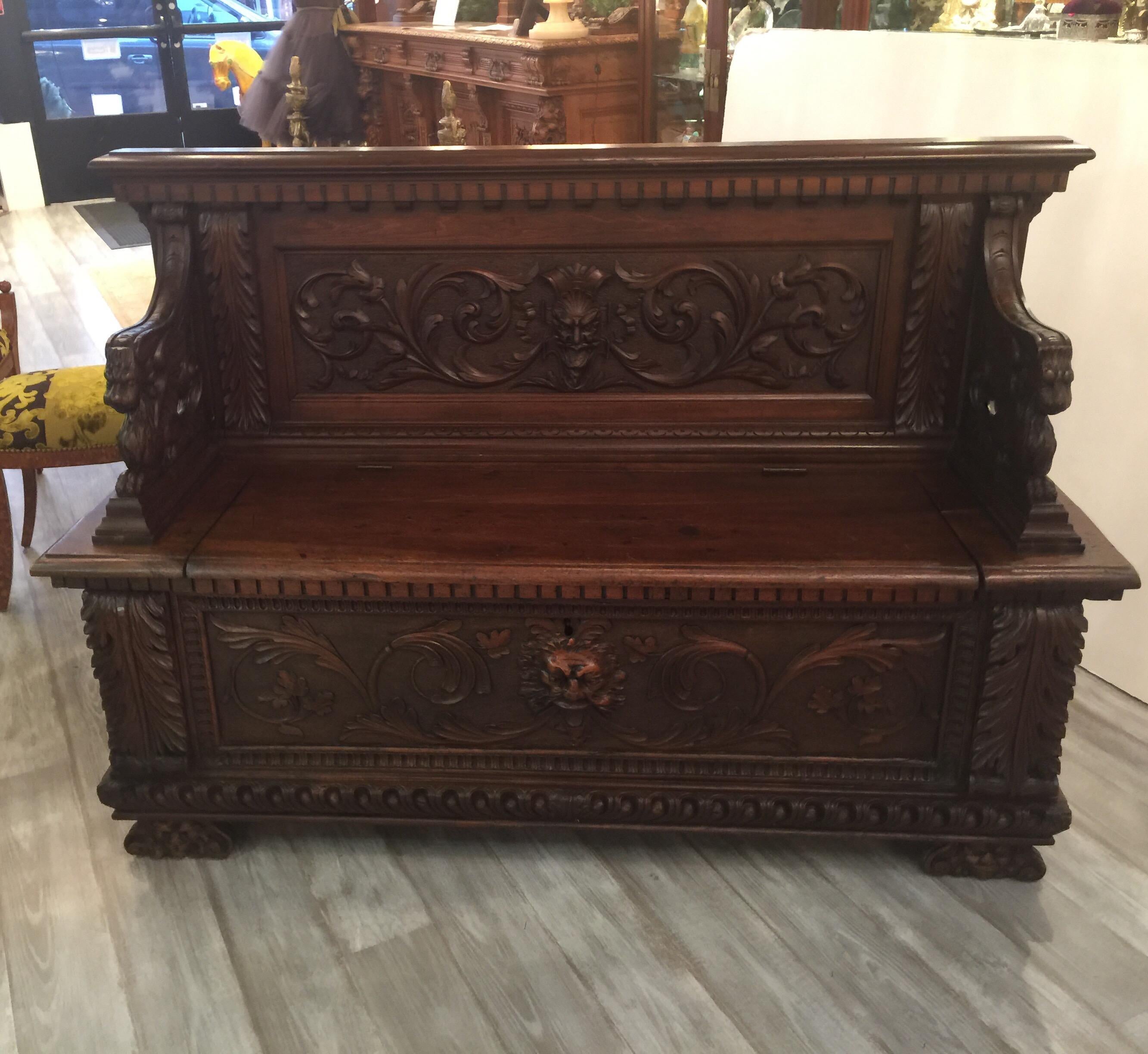 Hand Carved Gothic European Walnut Hall Bench with Griffins, circa Late 1800s 6