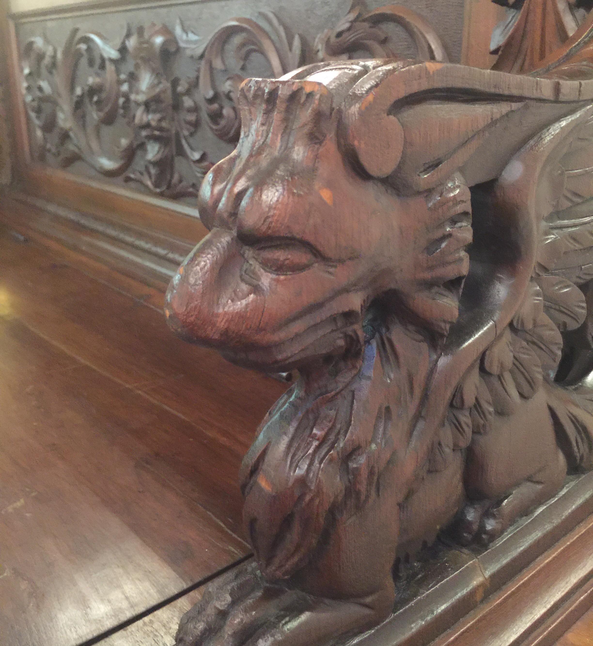 Hand Carved Gothic European Walnut Hall Bench with Griffins, circa Late 1800s 9