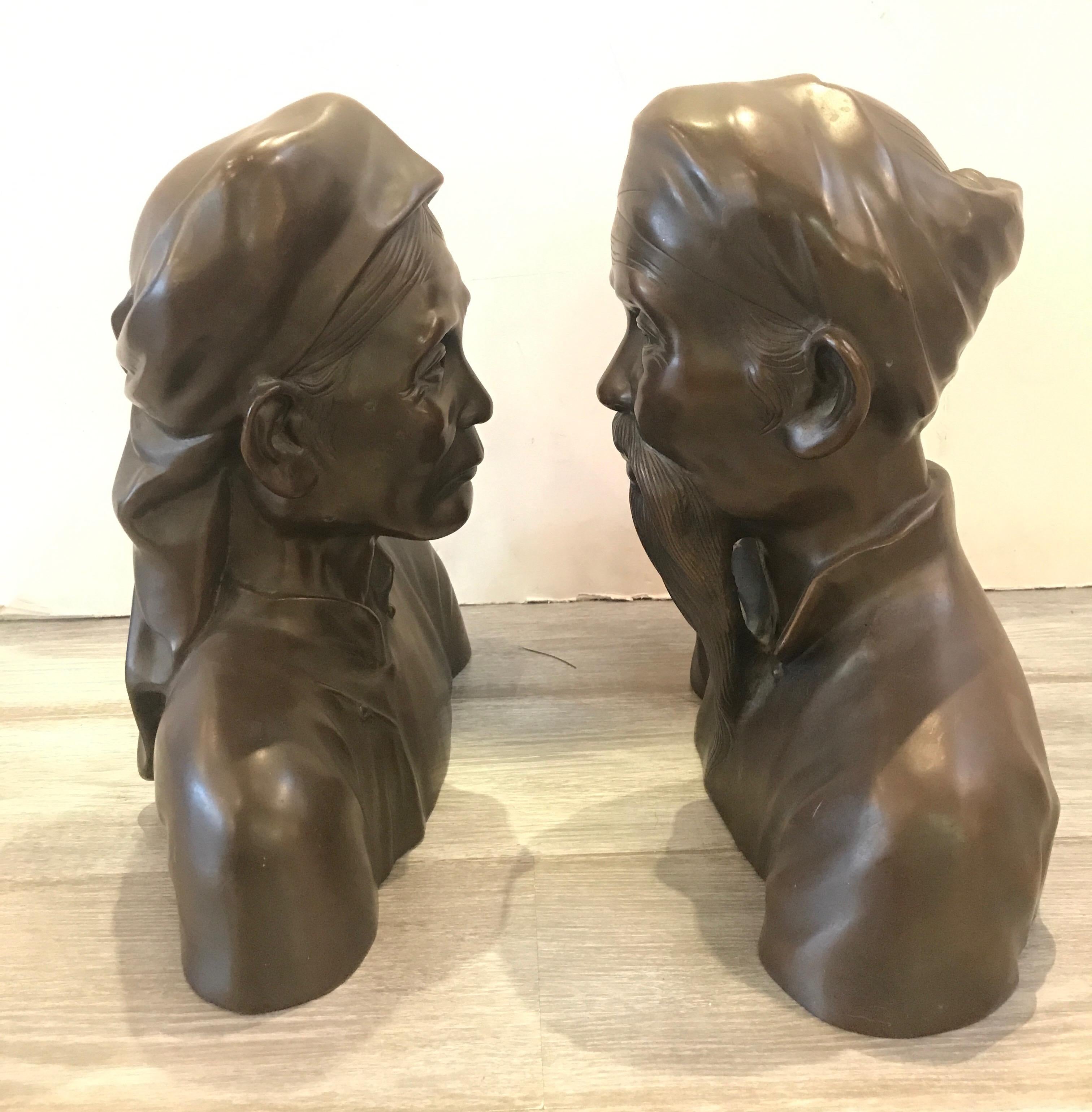 Pair of French Bronze Busts of an Elderly Chines Couple In Excellent Condition In Lambertville, NJ