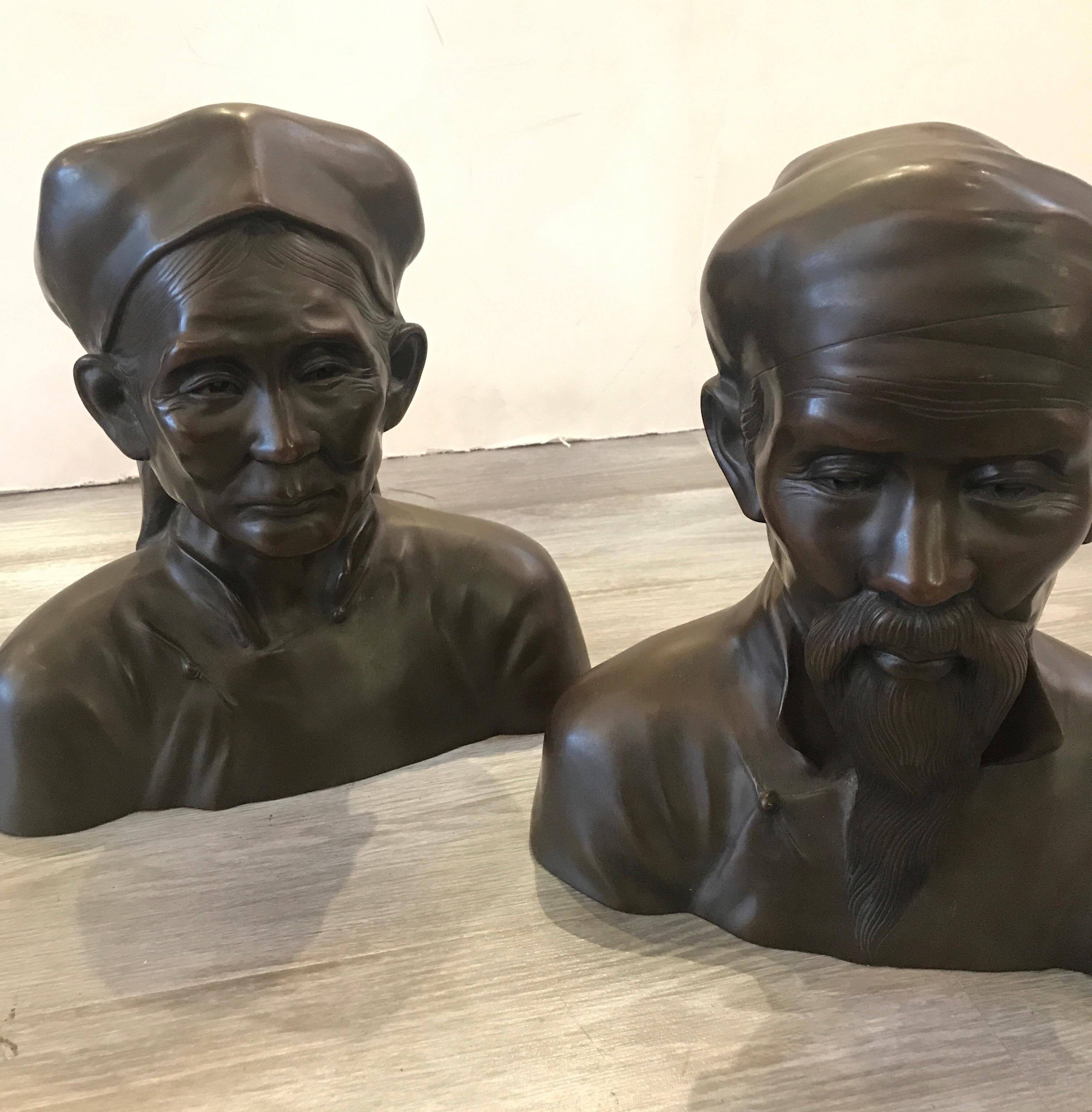 Pair of French Bronze Busts of an Elderly Chines Couple 6