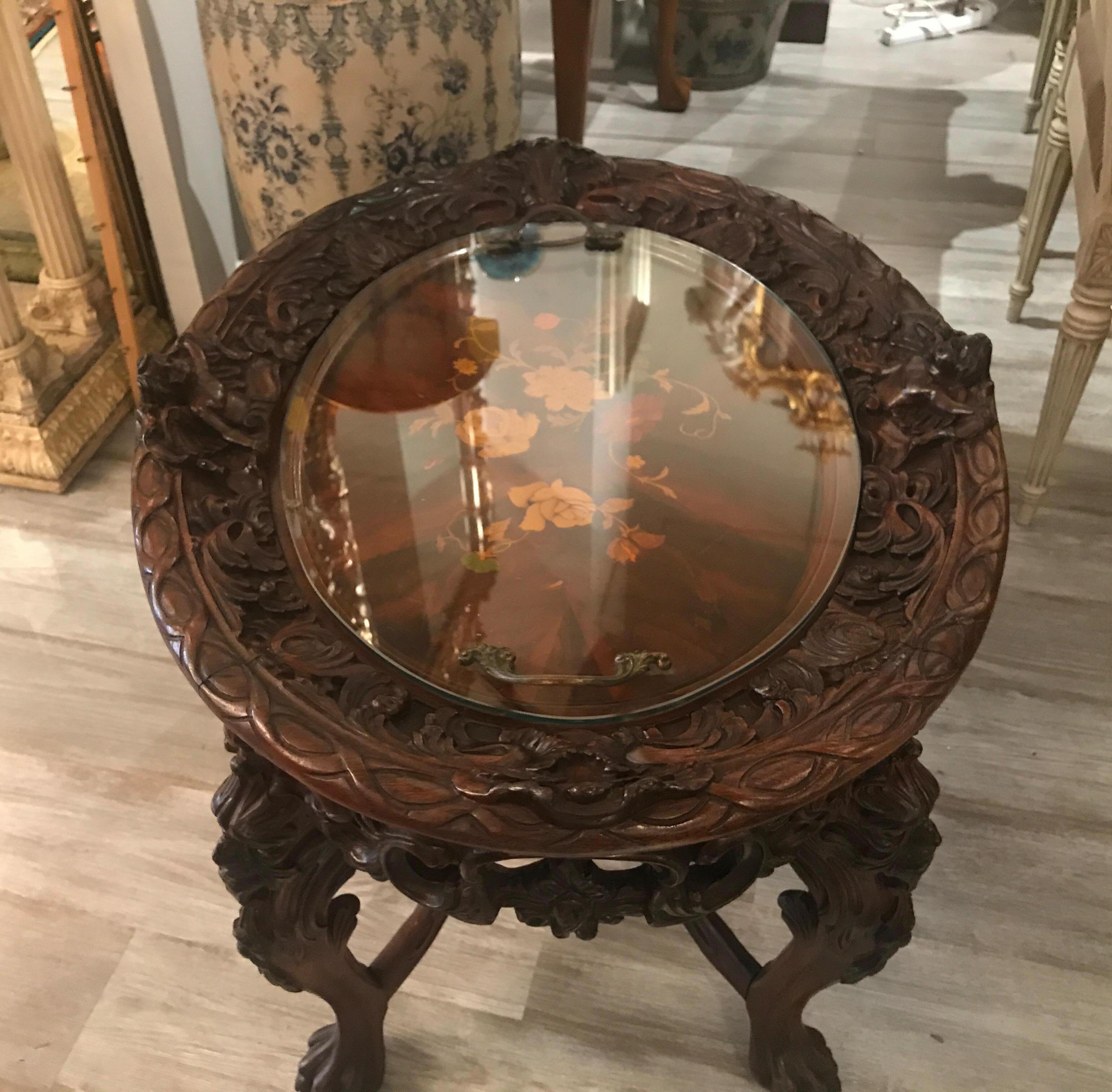American Antique Hand Carved Walnut Cocktail Table with Inlay