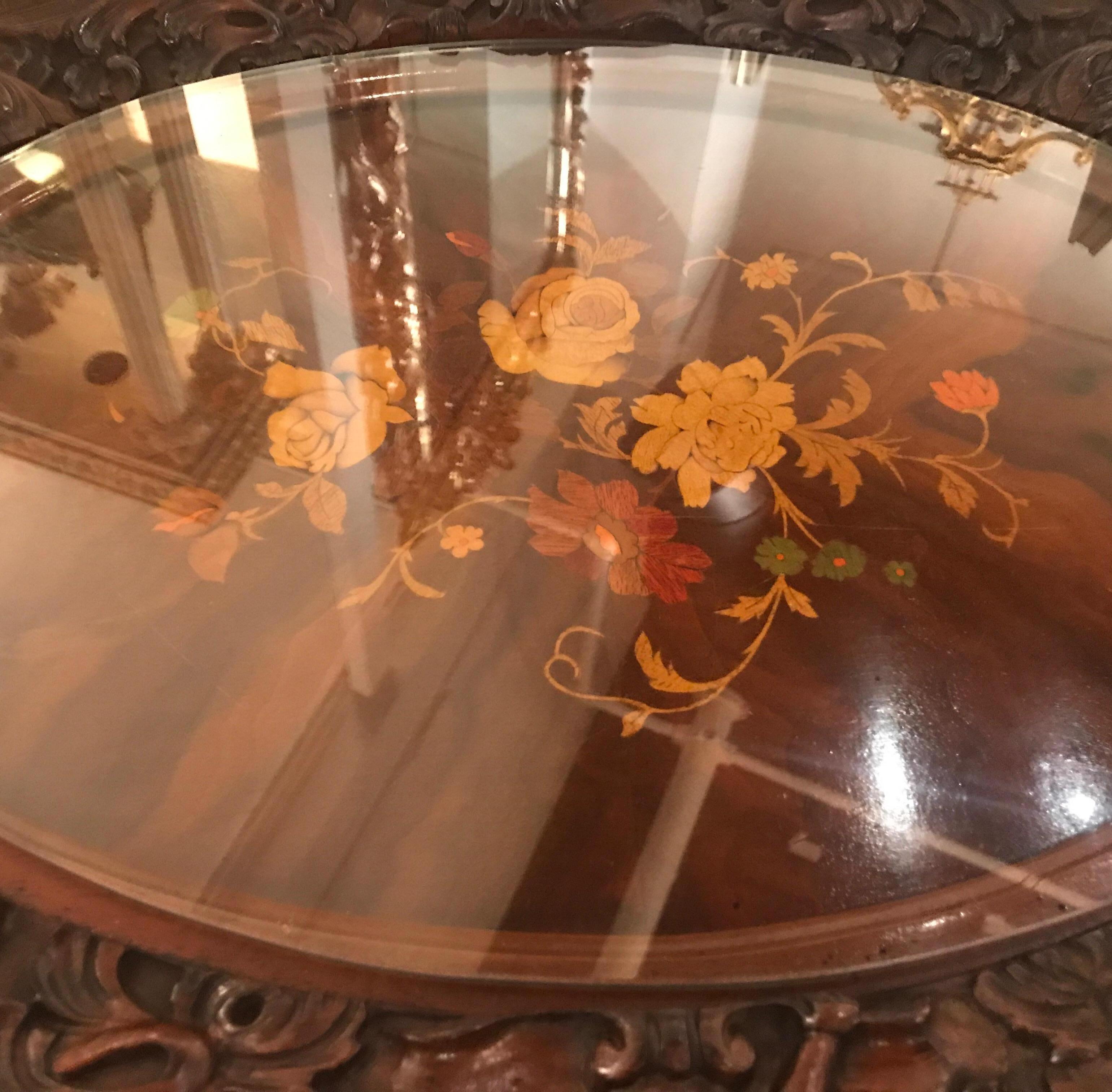 Antique Hand Carved Walnut Cocktail Table with Inlay In Good Condition In Lambertville, NJ