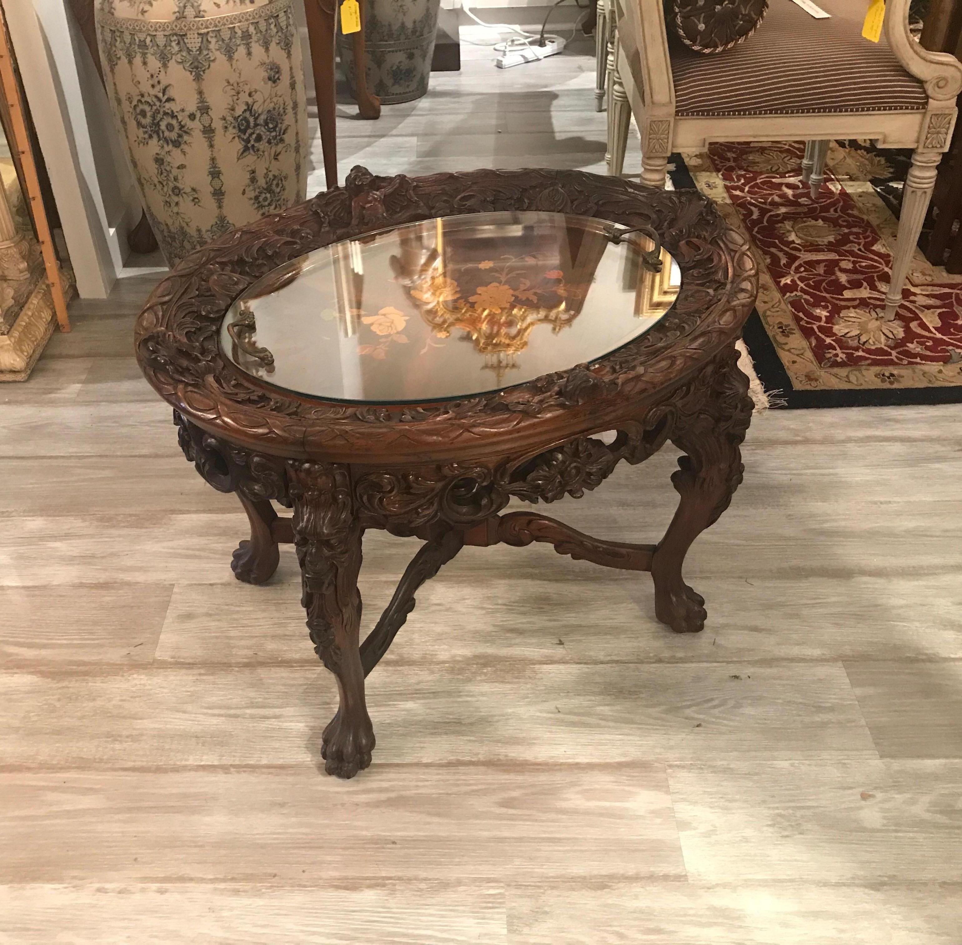 Antique Hand Carved Walnut Cocktail Table with Inlay 6