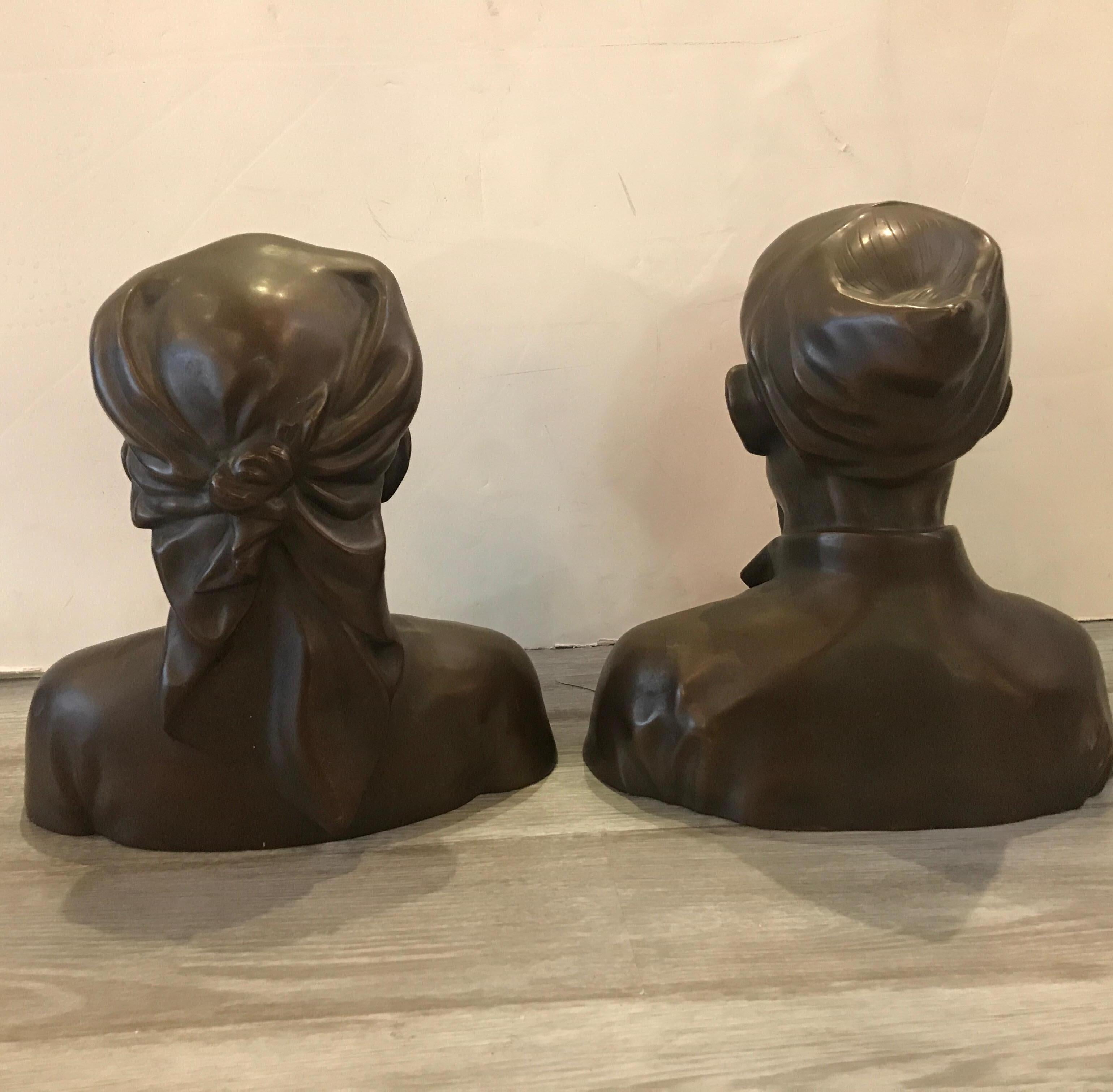 Early 20th Century Pair of French Bronze Busts of an Elderly Chines Couple