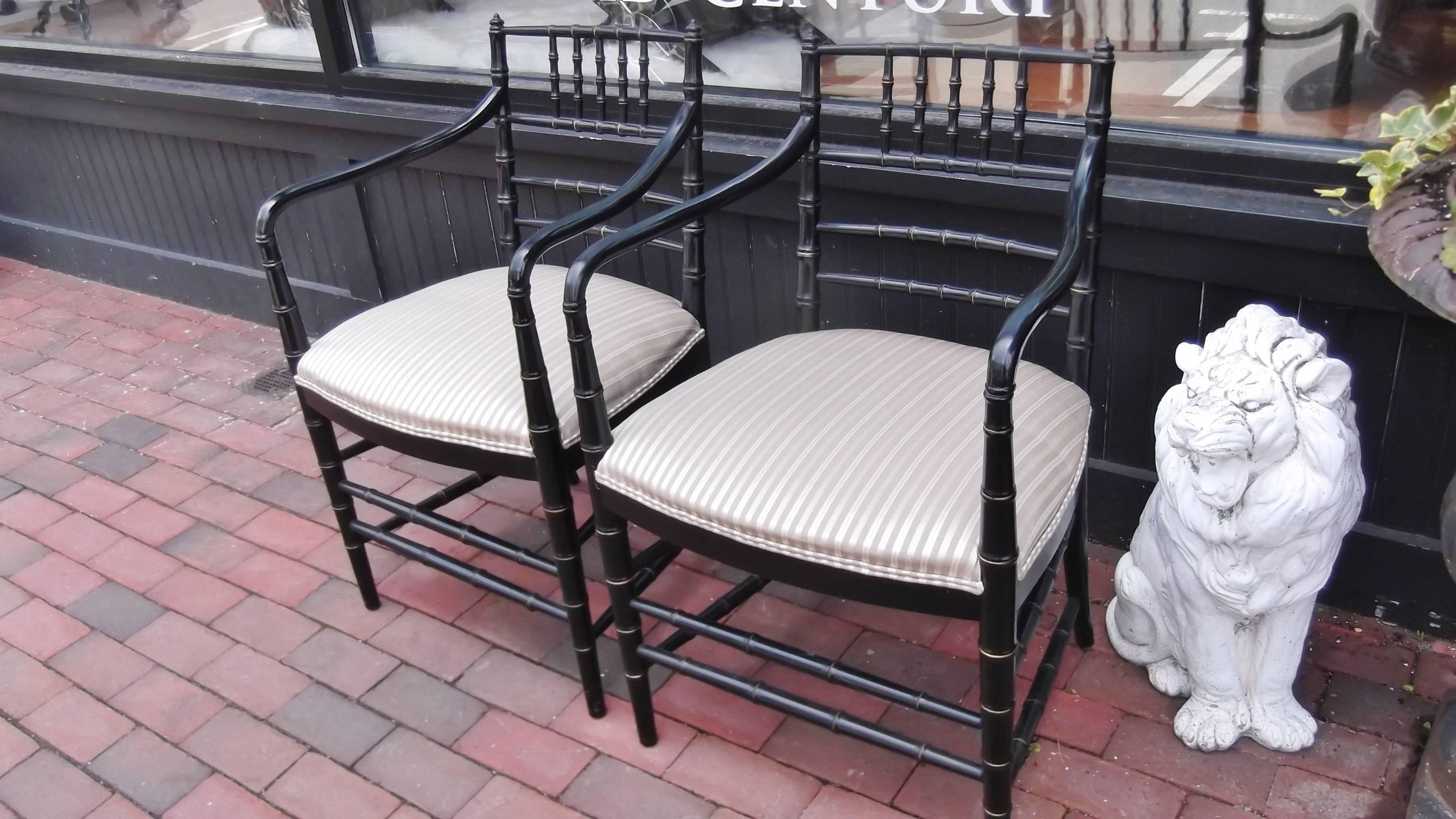 Fabric Pair of Ebonized Regency Style Armchairs