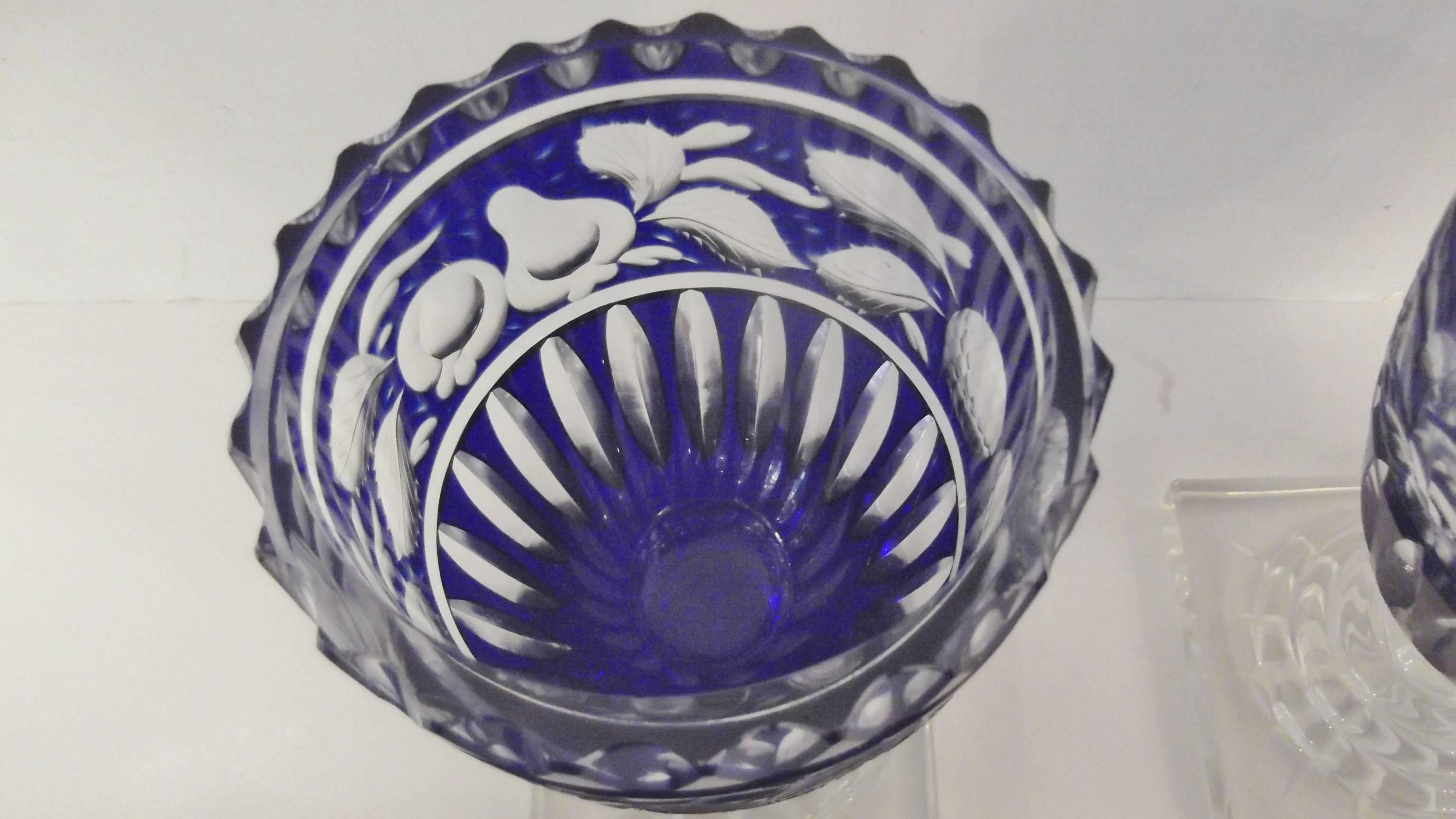 Great Britain (UK) Pair of 19th Century English Cobalt Hand Cut Glass Covered Urns