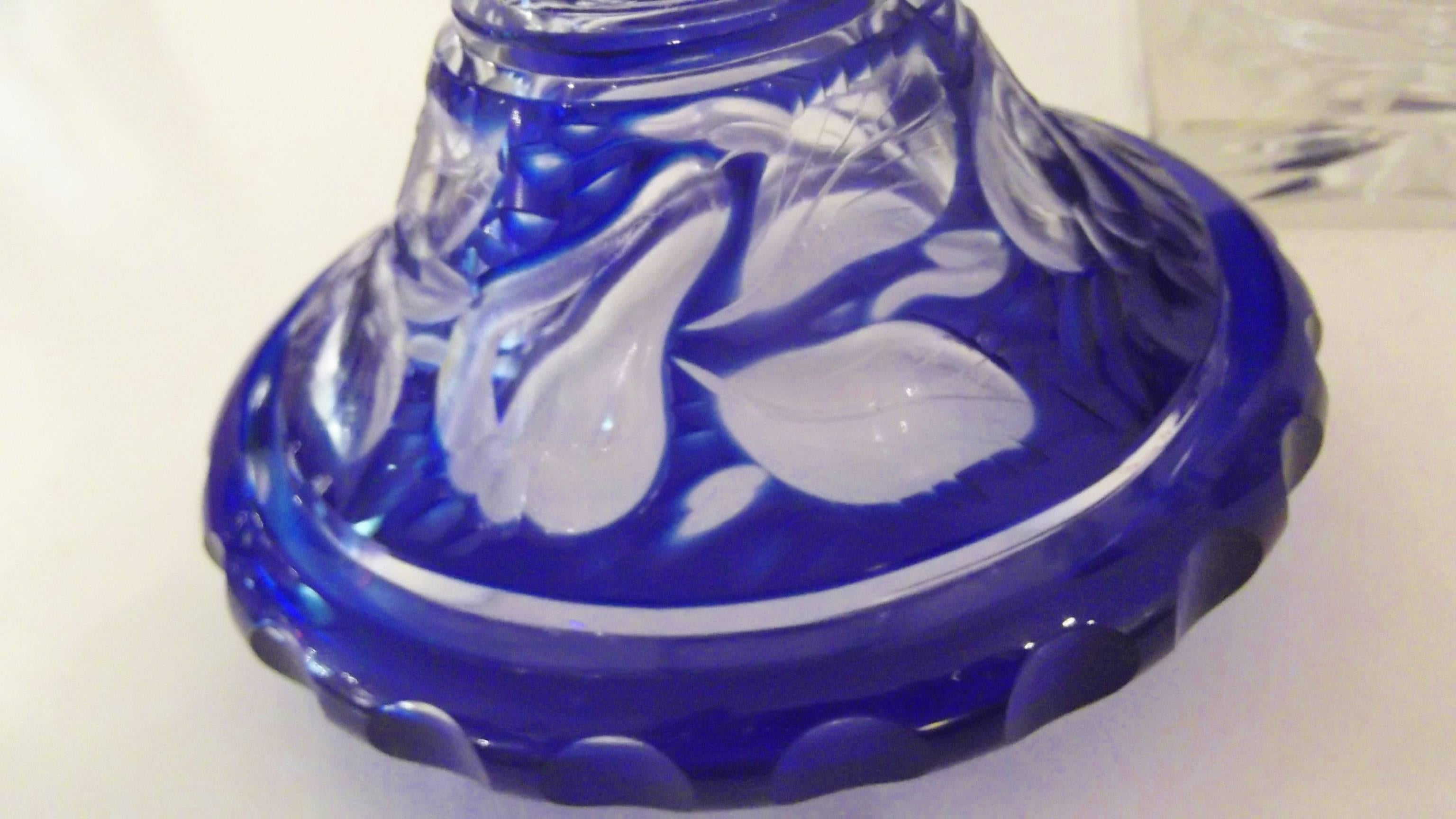 Pair of 19th Century English Cobalt Hand Cut Glass Covered Urns 1