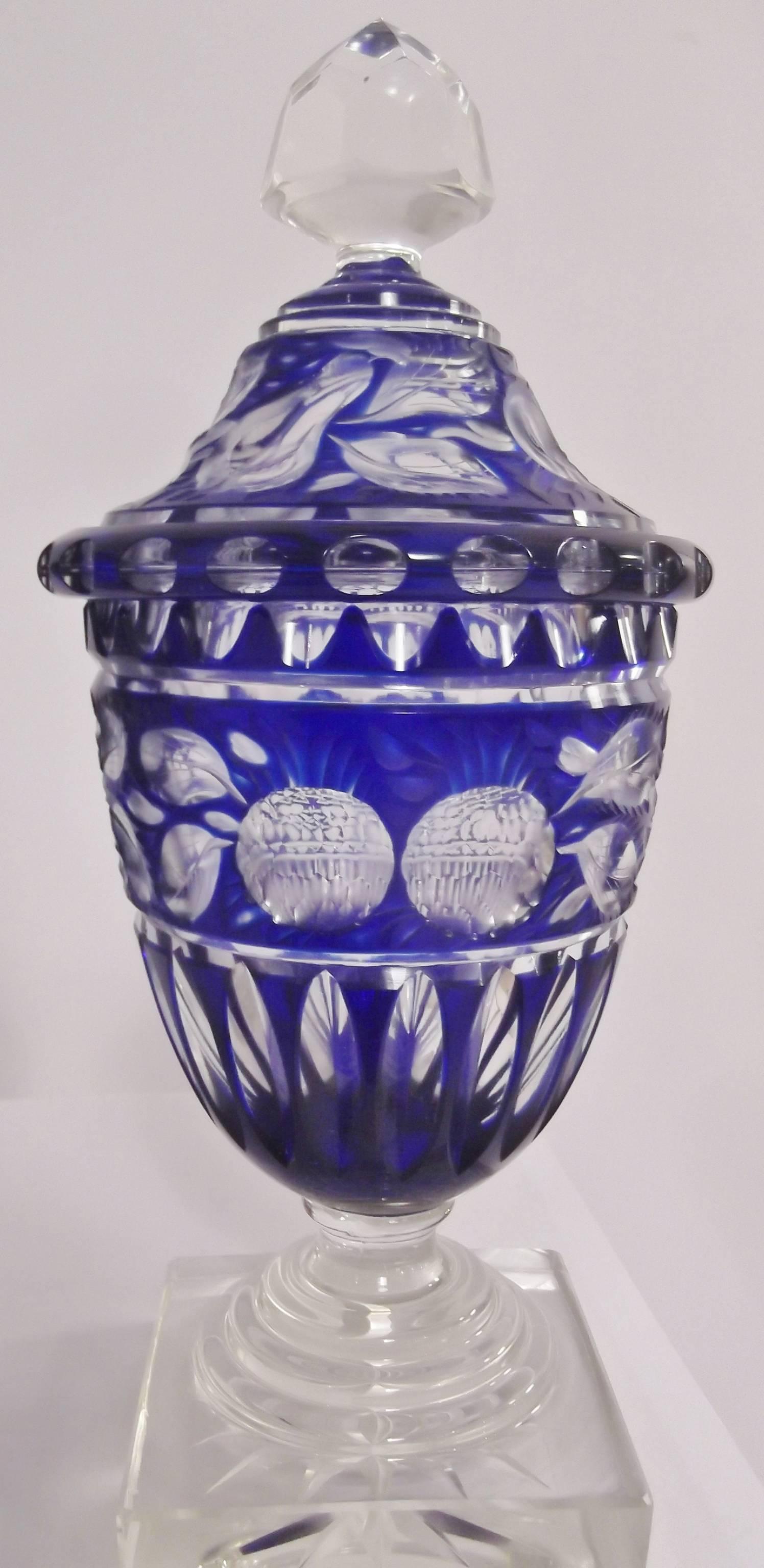 Georgian Pair of 19th Century English Cobalt Hand Cut Glass Covered Urns