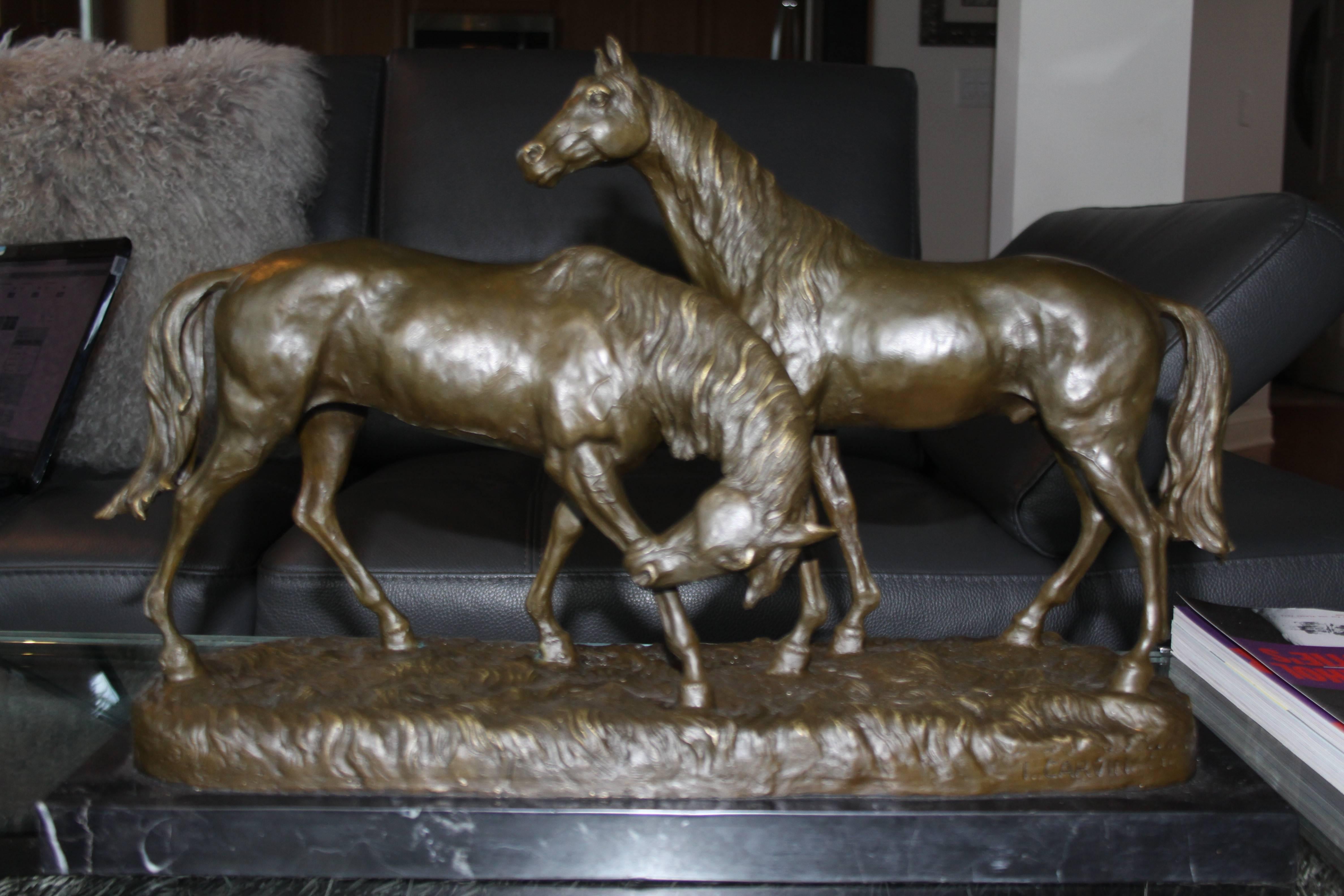 Stunning pair of French bronze horses signed Carvin
Pair of horses are gorgeous in brown patina on black marble base
Great collectors piece and this was purchased from Les Puces antiques market in Paris.
Louis Albert Carvin (1875 - 1951)was