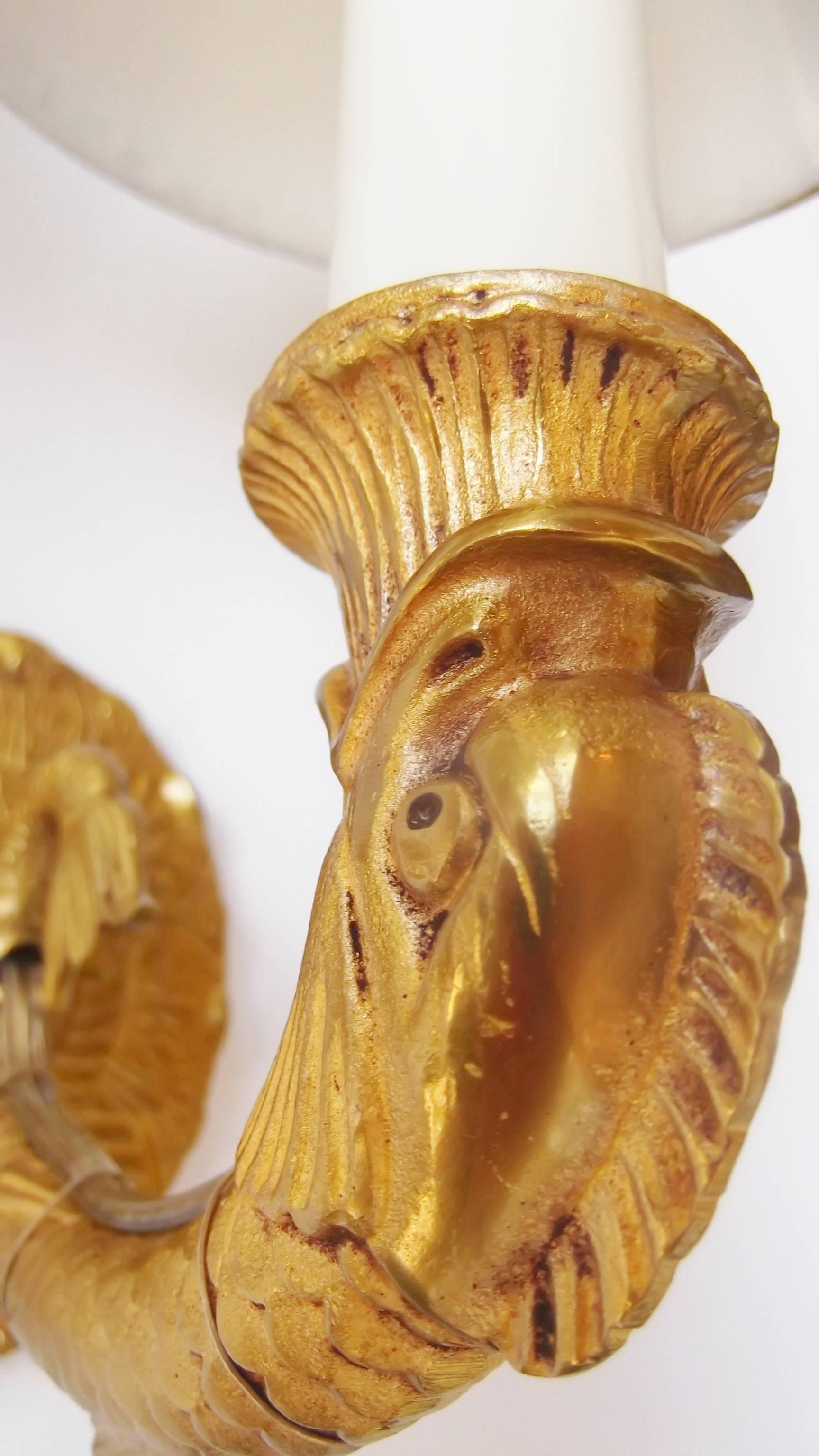 Pair of Gilt Bronze Single Dolphin Motif Sconces In Excellent Condition In Lambertville, NJ