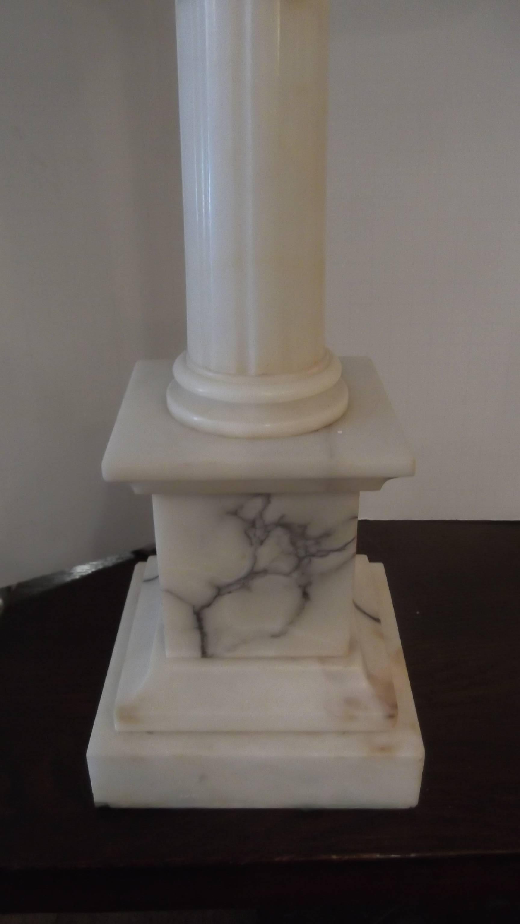 Pair of Neoclassic Carved Marble Column Lamps In Good Condition In Lambertville, NJ