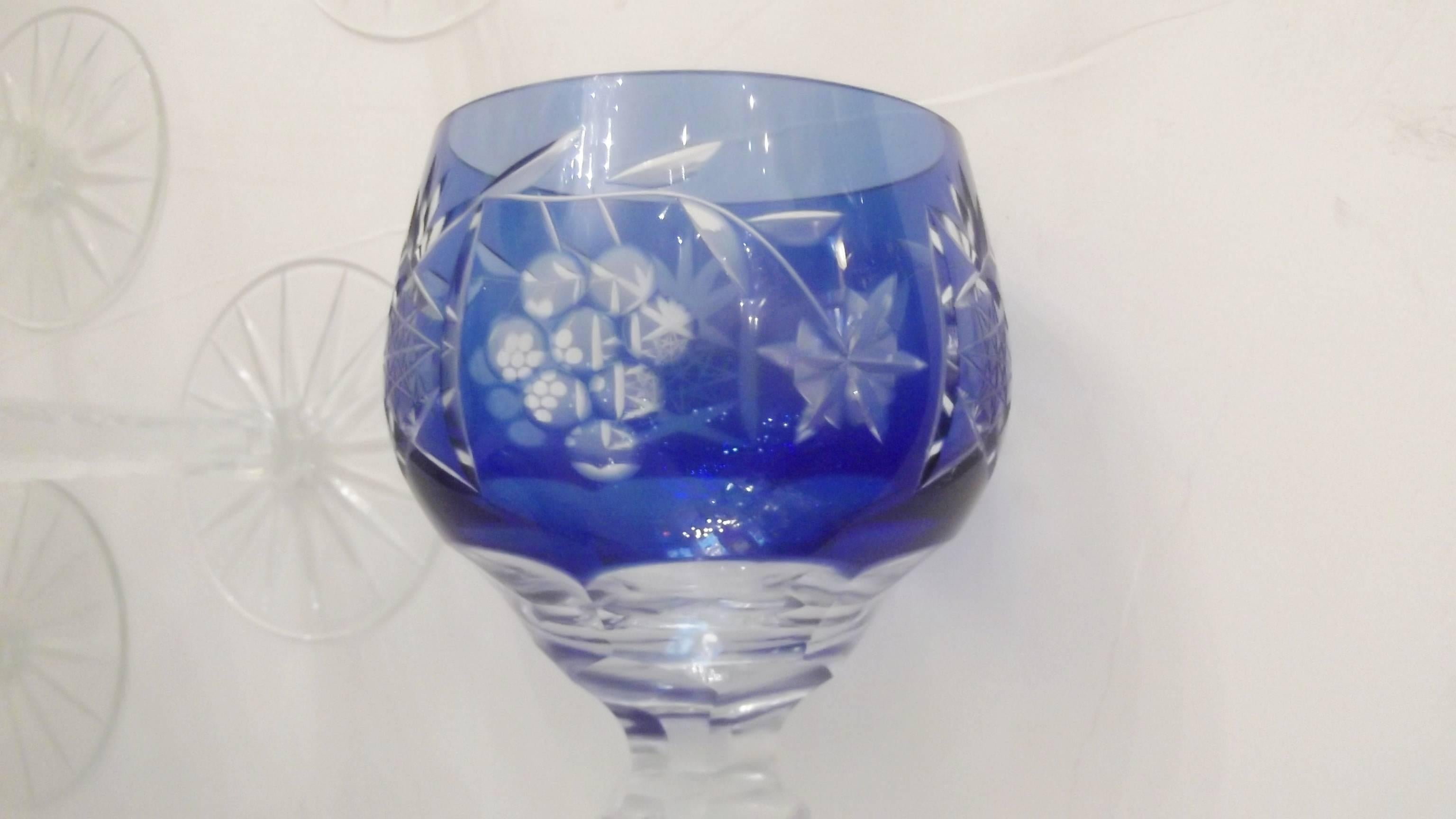 Set of Eight Bohemian Cobalt Cut to Clear Wine Glasses 3