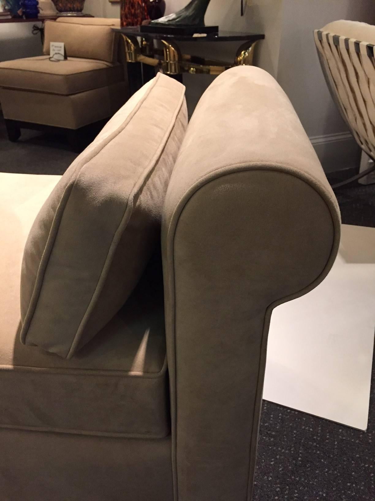 Pair of Ultra Suede Roll Back Slipper Chairs In Excellent Condition In Lambertville, NJ