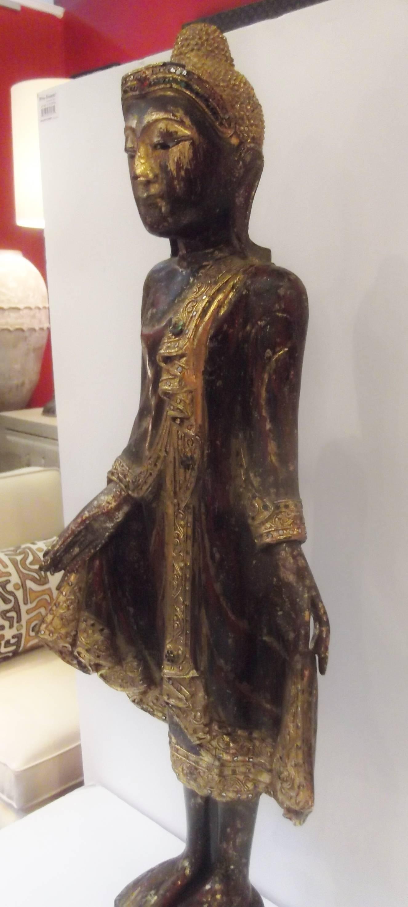 Burmese Standing Gilt and Jeweled Buddha In Excellent Condition In Lambertville, NJ