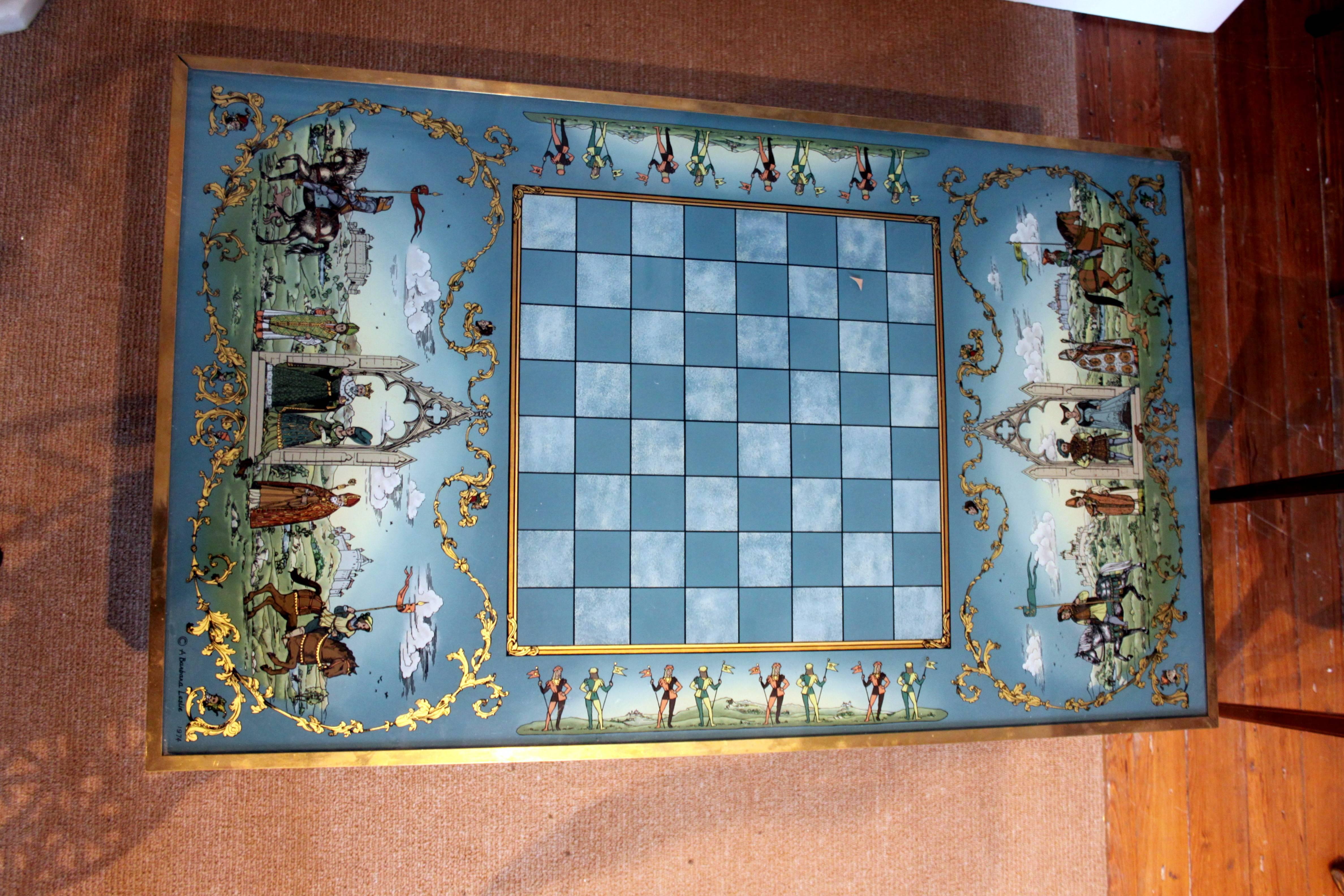 British reverse-painted glass chess table, signed and dated 