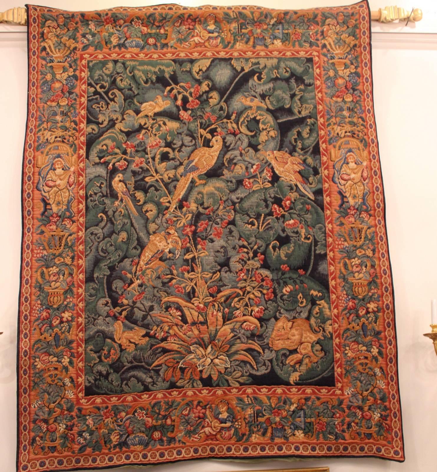 Louis XV Vibrant French Tapestry Wall Hanging Verdure Audenarde