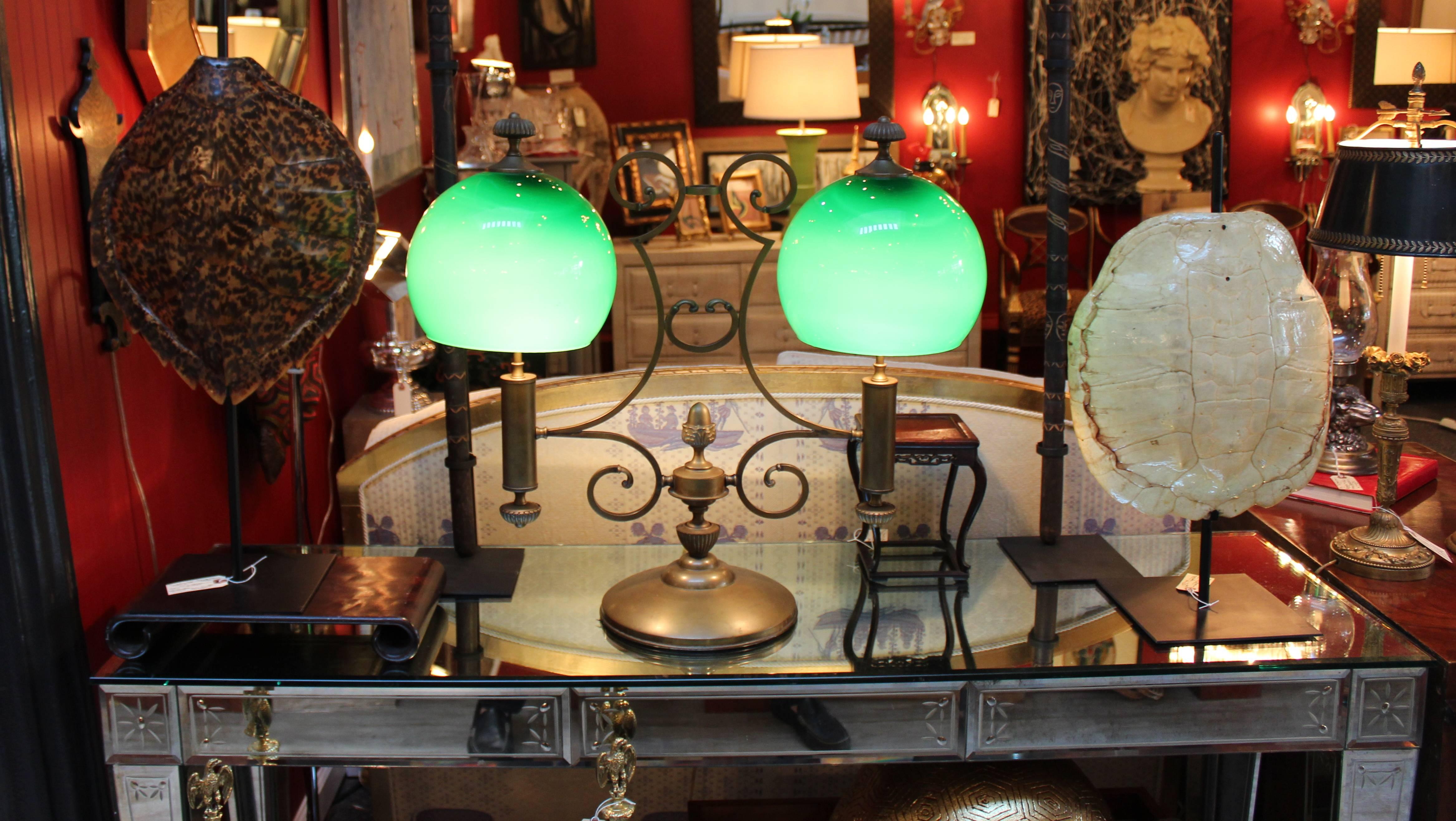 English Antique Brass and Emerald Glass Double Light Library Lamp