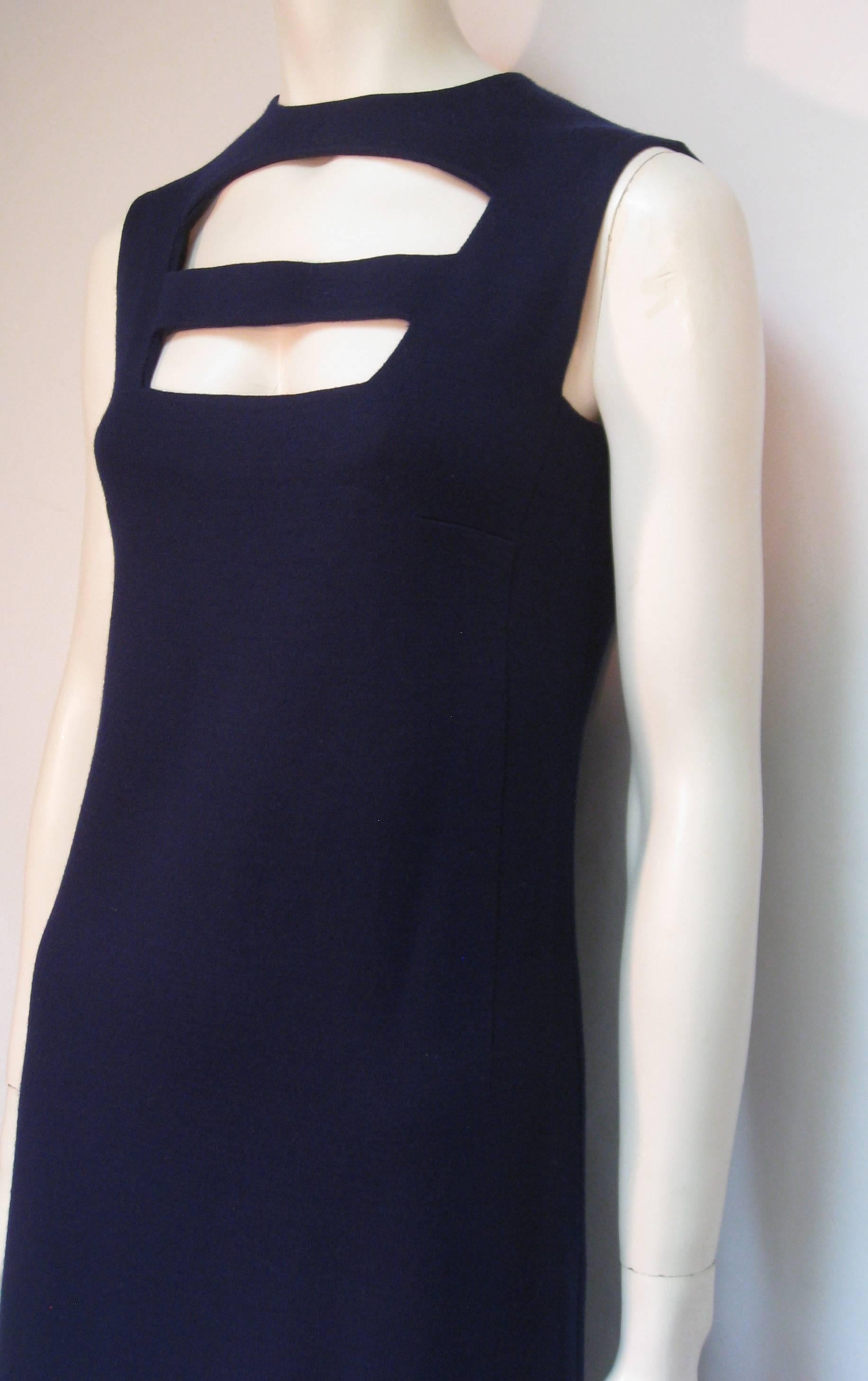 French Iconic Space Age 1960s Pierre Cardin Navy Wool Shift
