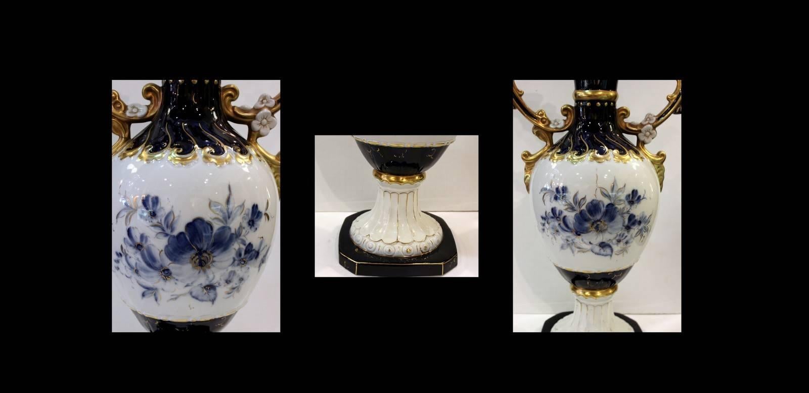 Pair of Royal Dux Hand-Painted Cobalt and Gilt Mantle Urns 2