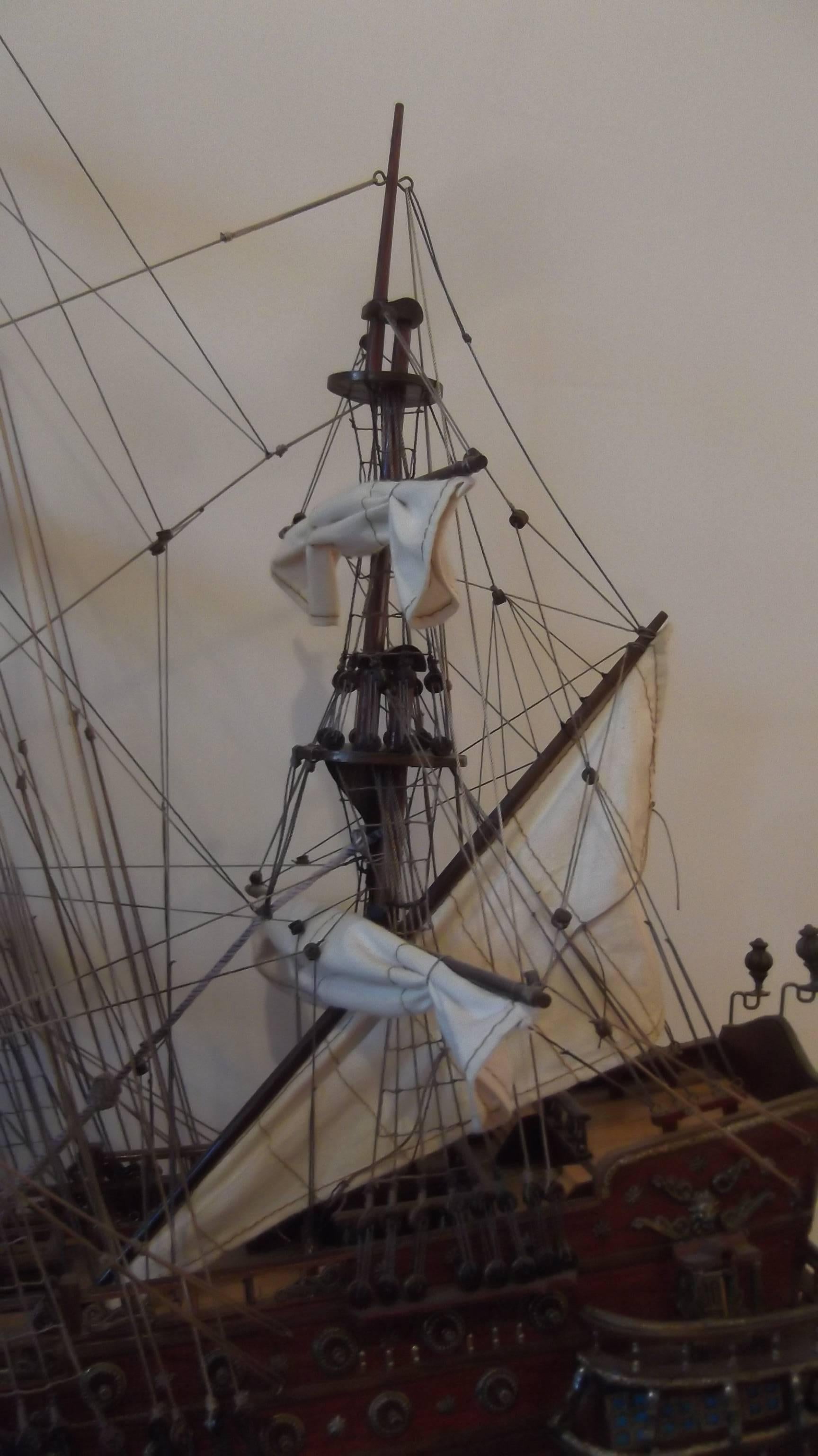 Intricate Mahogany and Teakwood Large Ship Model of a Spanish Ship 4
