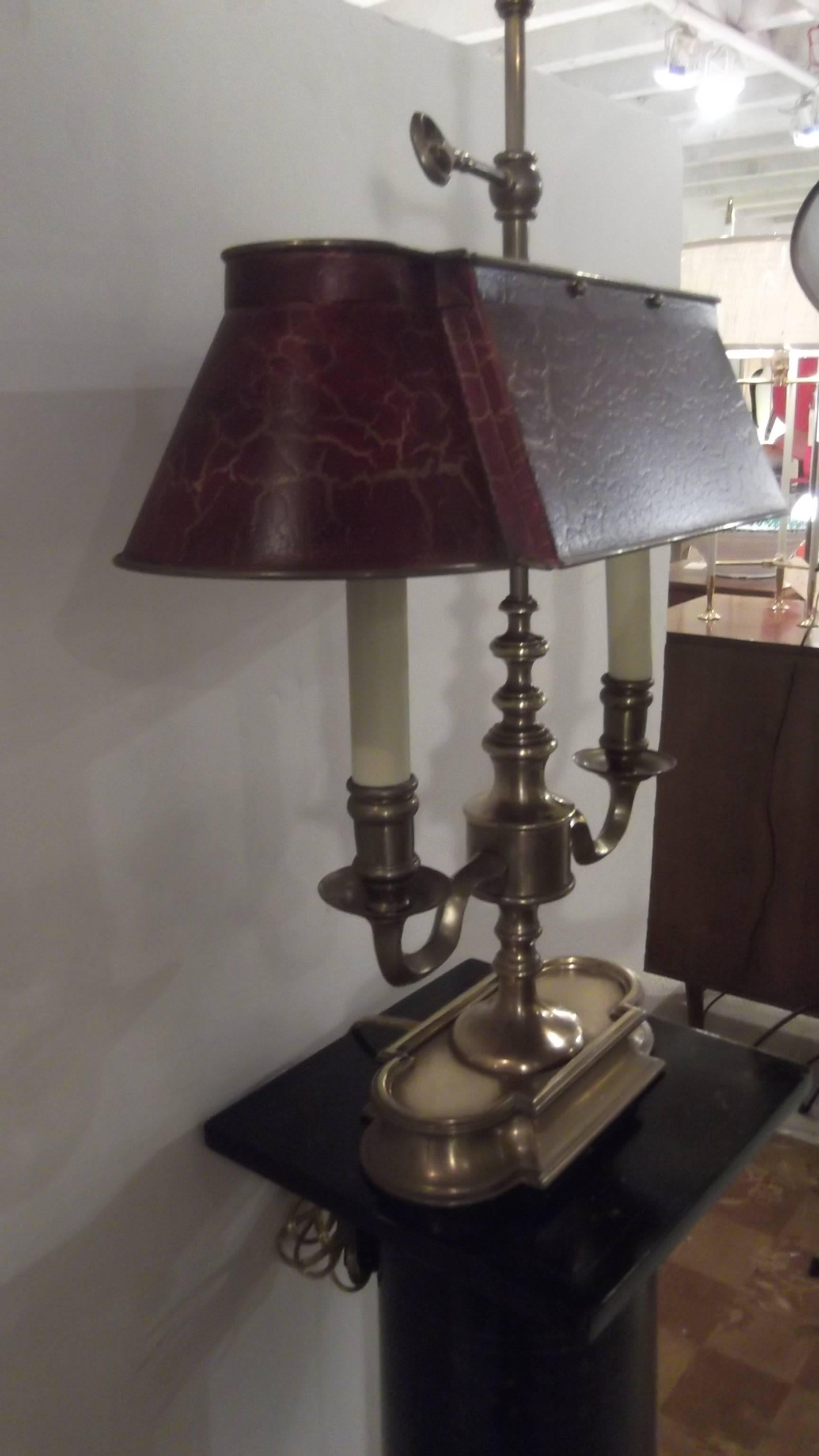American Cast Brass Library Bouillotte Lamp with Red Tole Shade