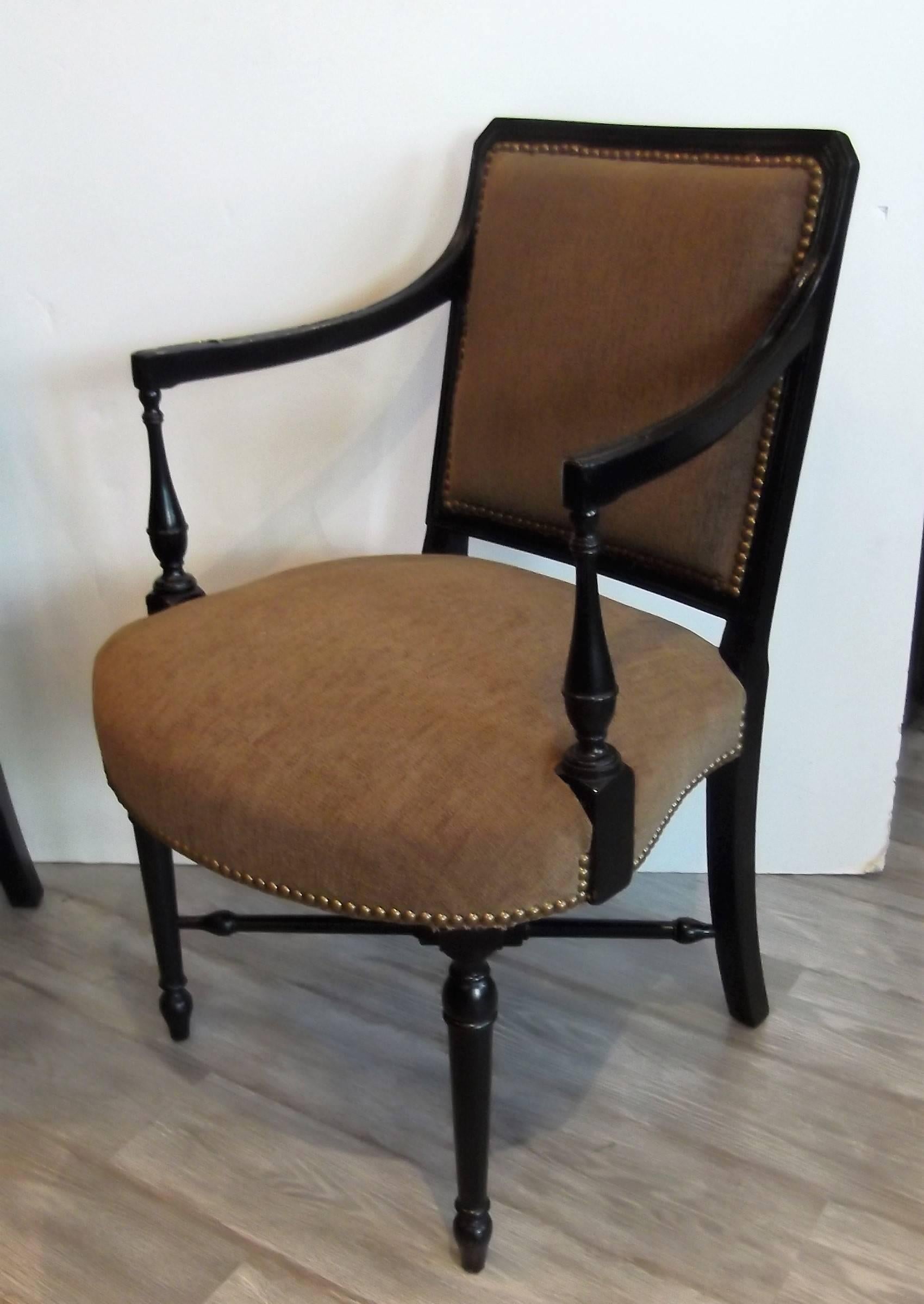 Pair of Edwardian Ebonized Upholstered Arm Chairs In Excellent Condition In Lambertville, NJ