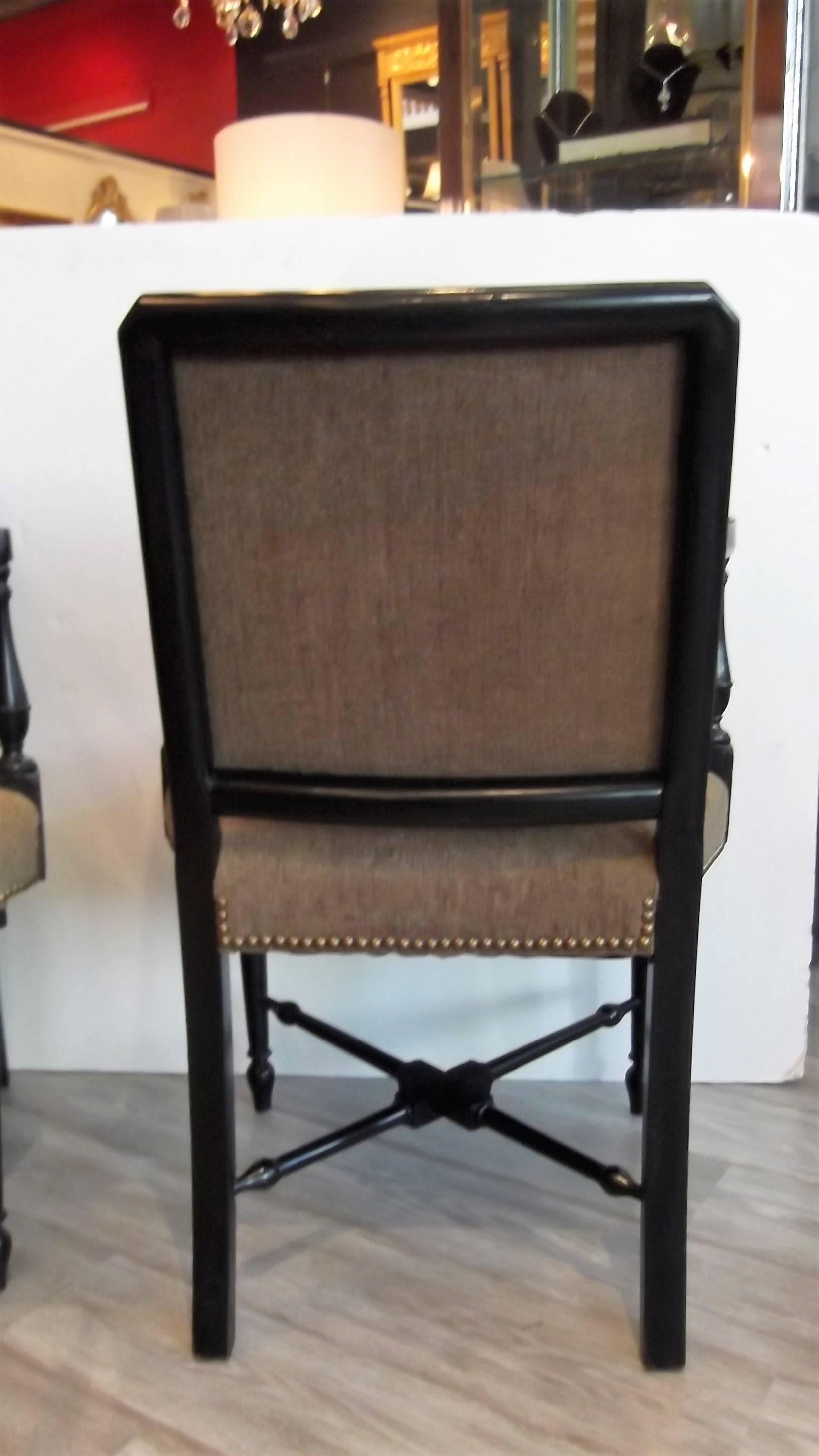 20th Century Pair of Edwardian Ebonized Upholstered Arm Chairs