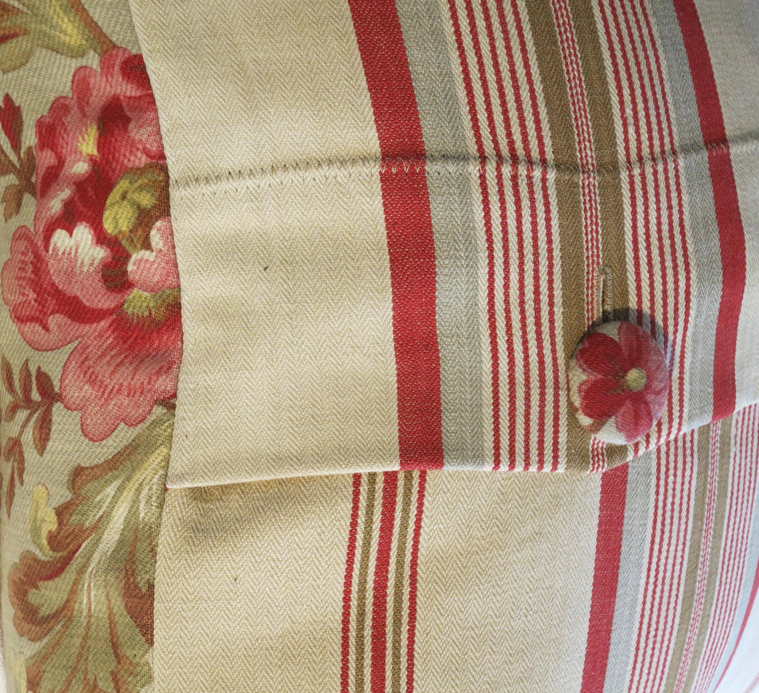 Cotton Pair of 19th Century French Floral and Ticking Pillows