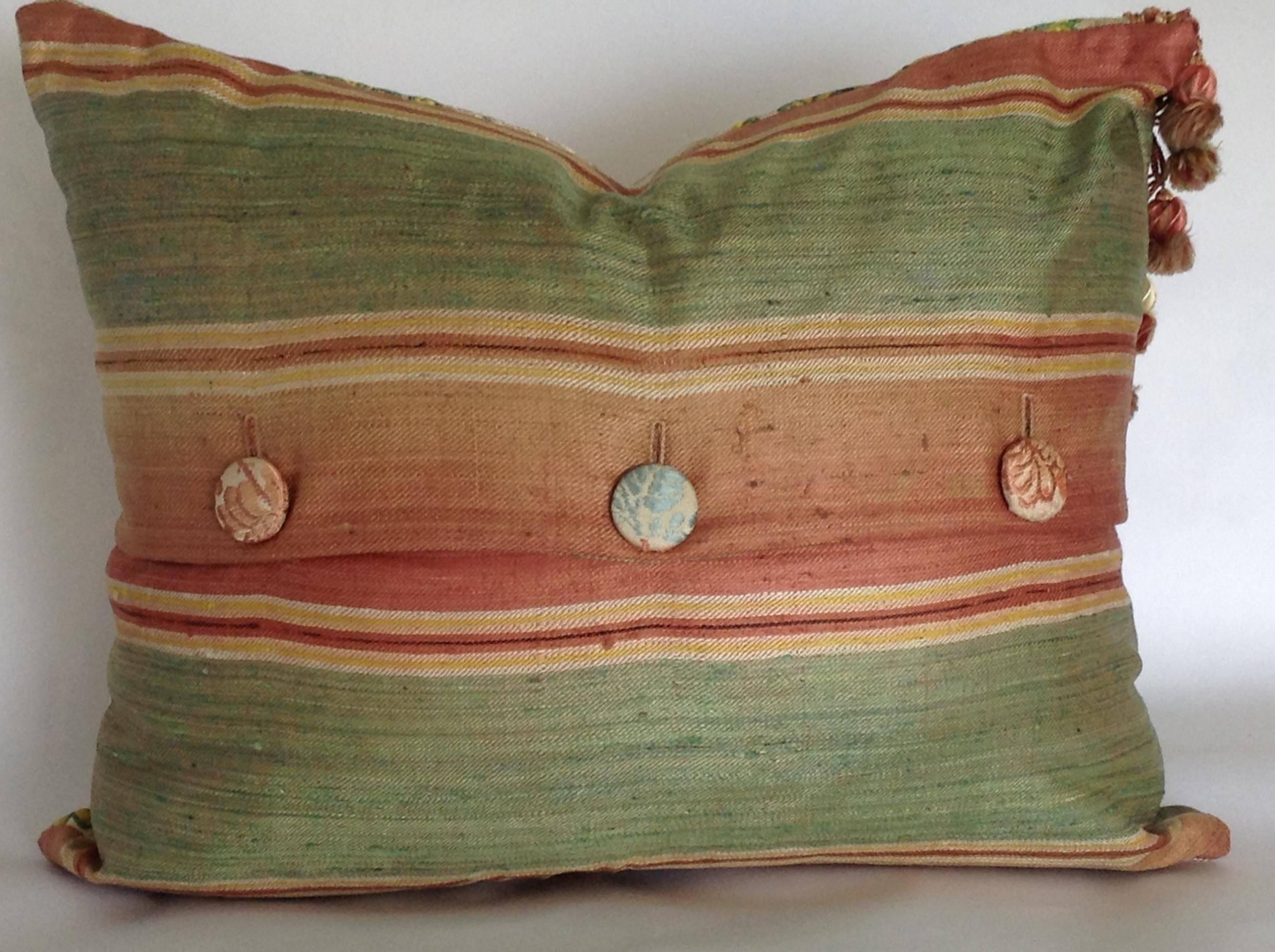 This magnificent pillow features:
An exquisite antique 18th century floral silk brocade textile from Lyon, France, famous for its silk production. The brocade shows some wear and small marks but is in outstanding condition given it’s is age! The