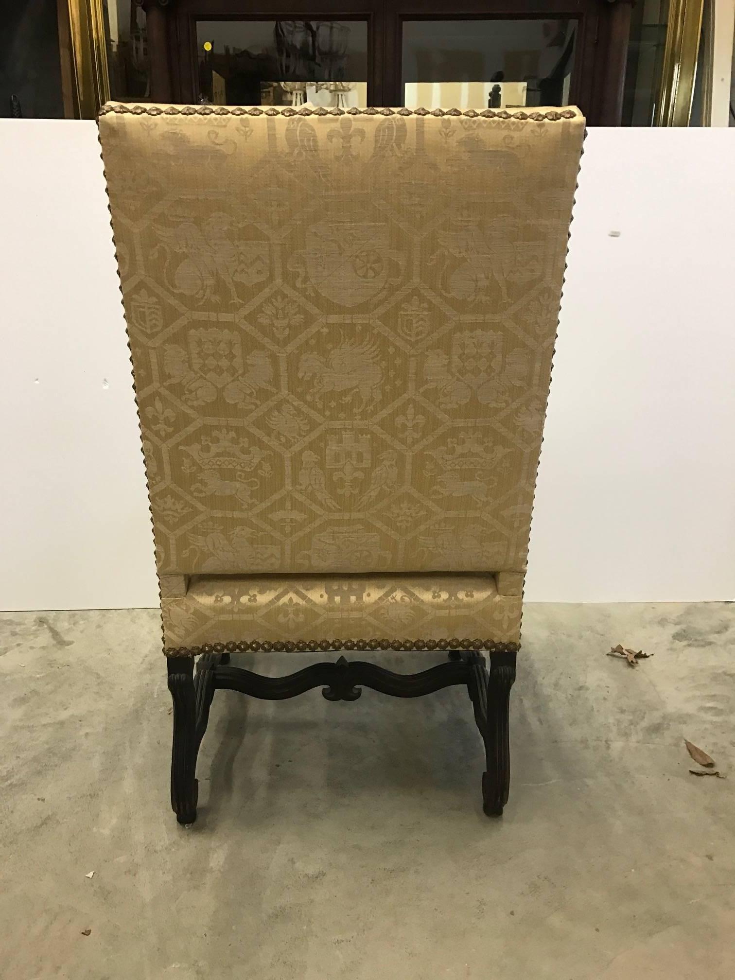 English Carved Walnut Throne Lolling Chair with Brass Nailhead Trim In Excellent Condition In Lambertville, NJ