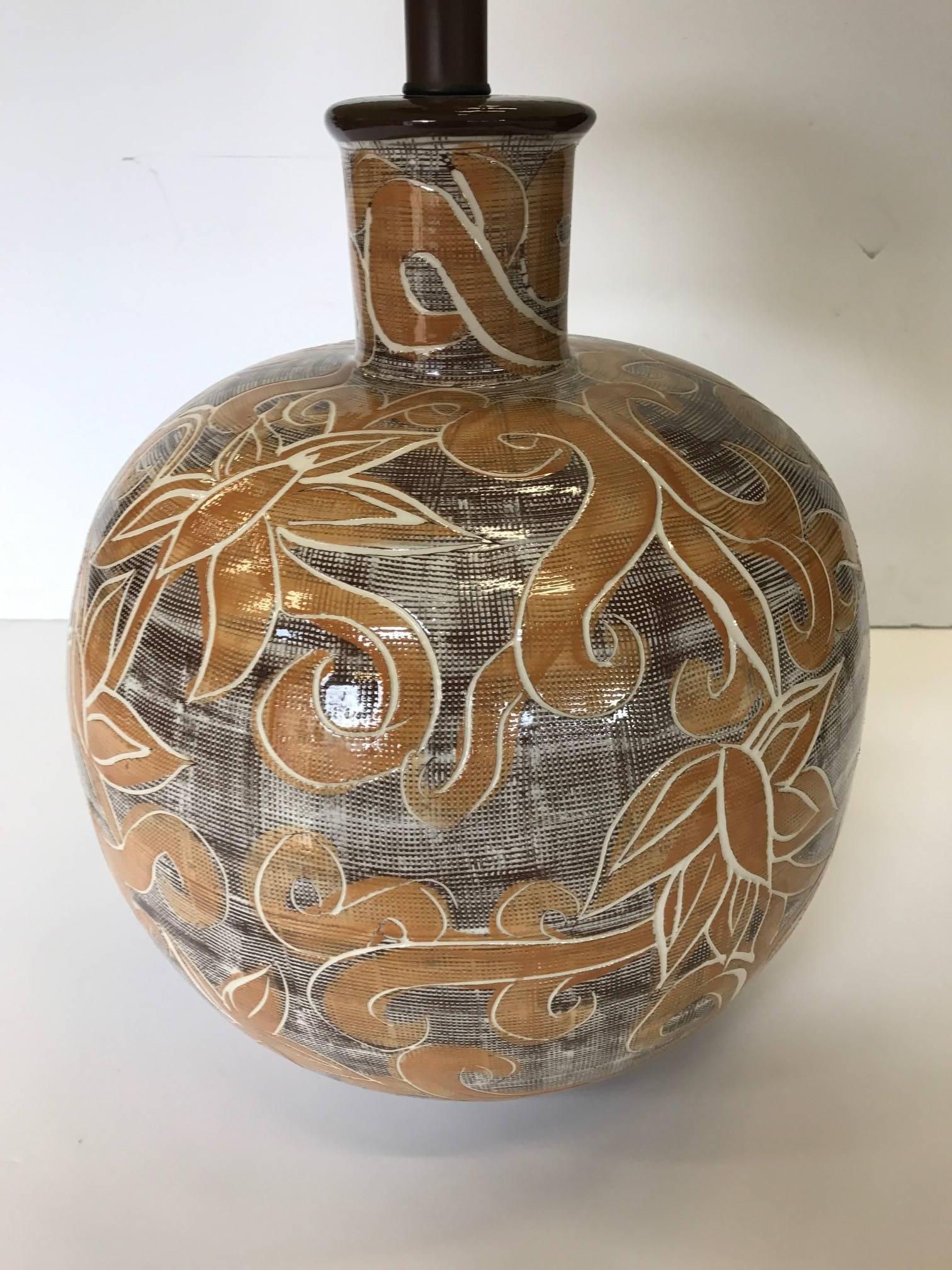 Hand-Painted Large Mid-Century Modern Art Pottery Lamp