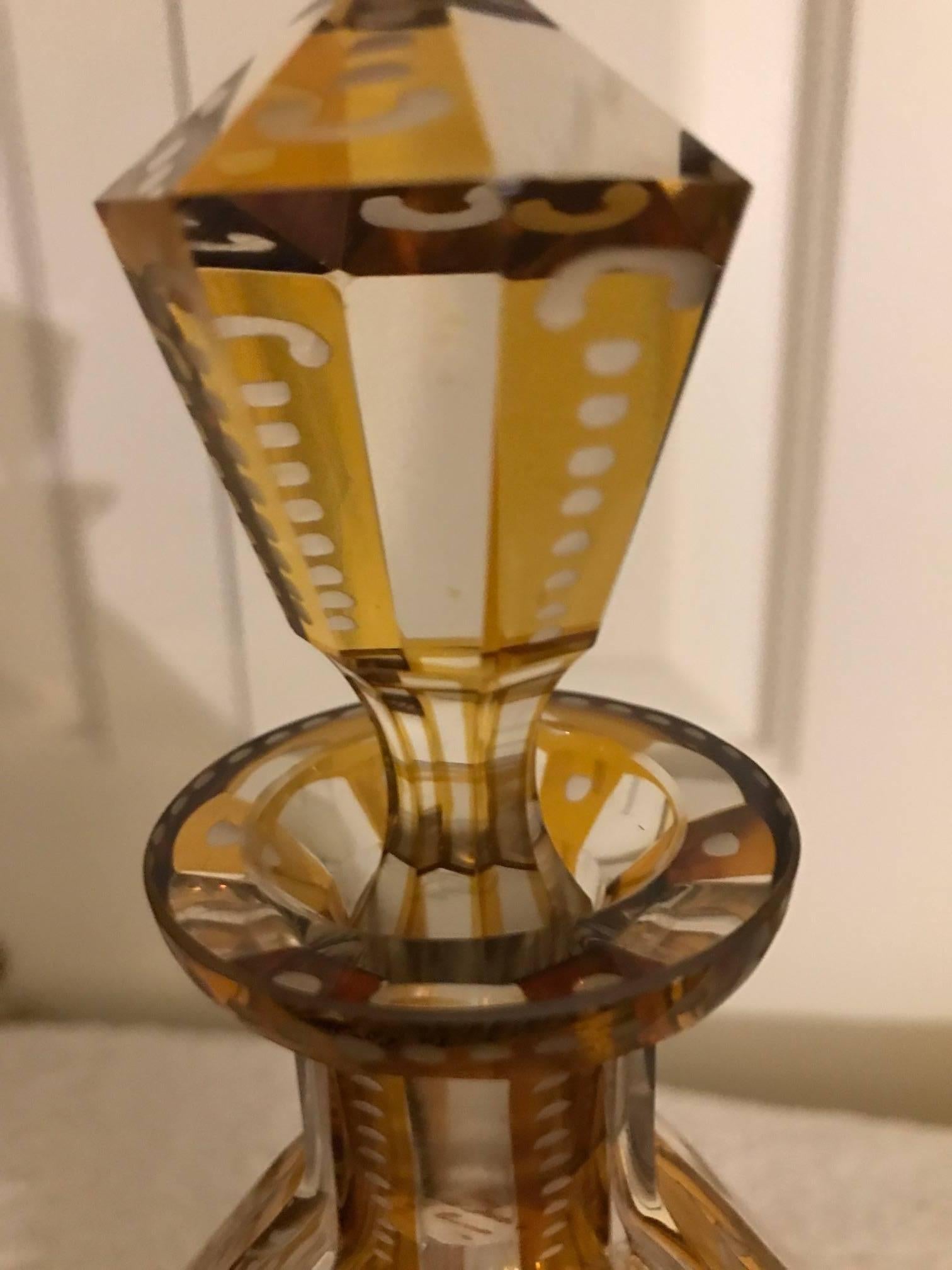 Citrine Yellow Intaglio Cut to Clear Decanter In Excellent Condition In Lambertville, NJ