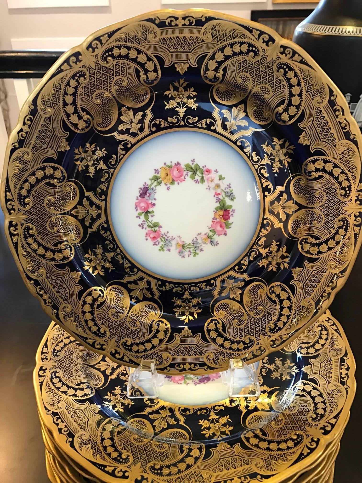 Edwardian Opulent French Heavy Gilt and Cobalt Plates Set of 12