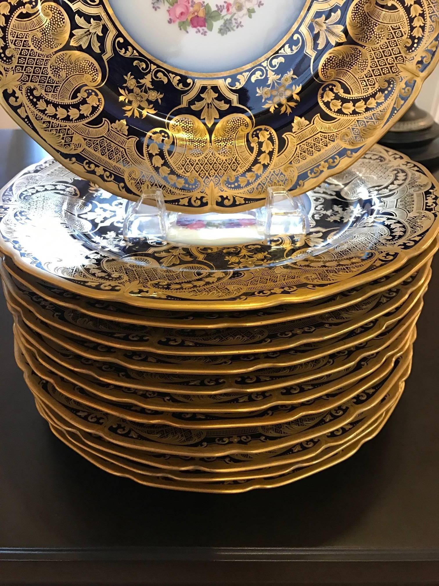 Hand-Painted Opulent French Heavy Gilt and Cobalt Plates Set of 12