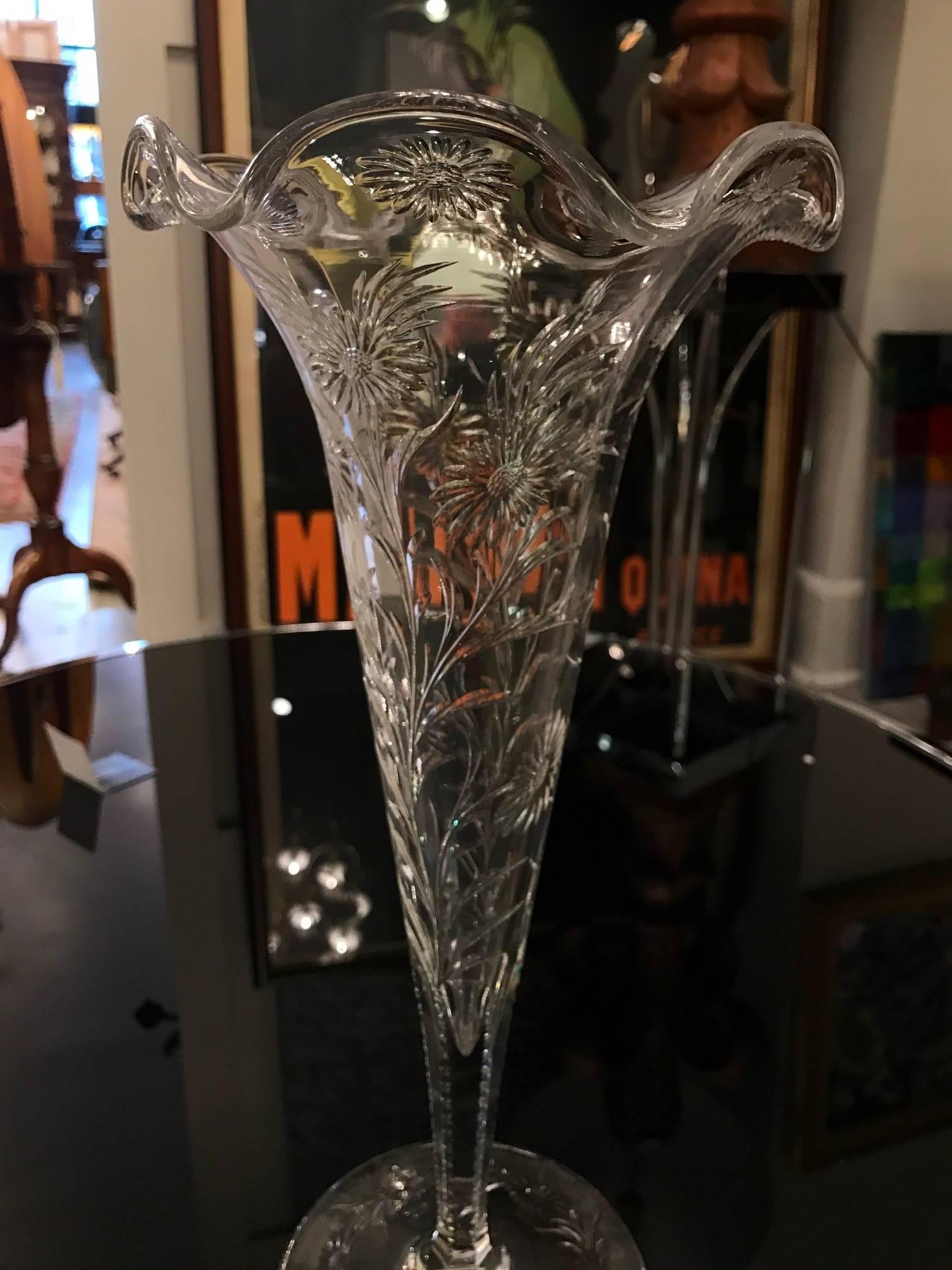 Art Nouveau Intaglio Cut Glass Trumpet Vase by Sinclaire