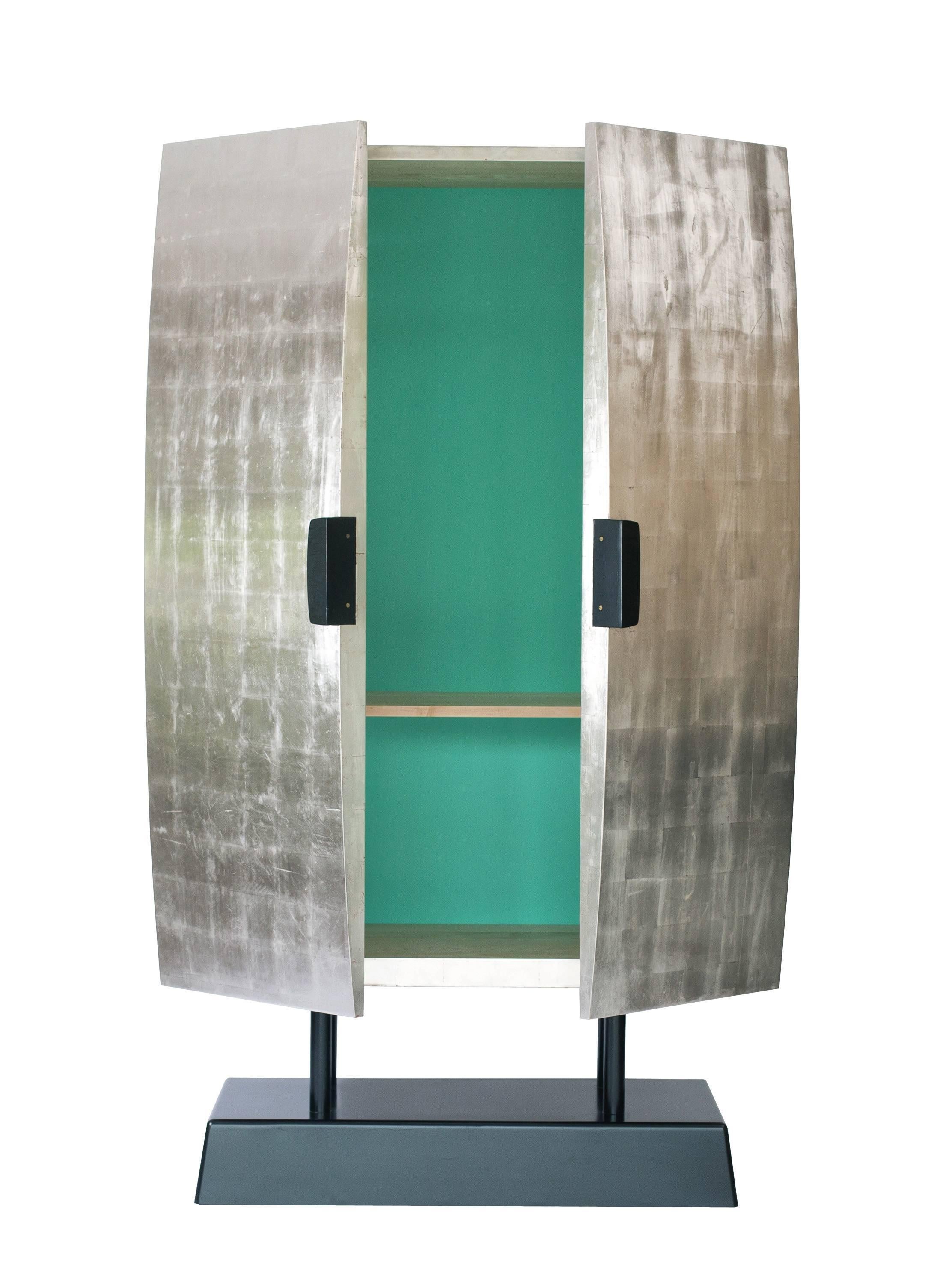 Modern Hand-Crafted Maple and Silver Leafed Bow Front Cabinet by Bret Cavanaugh