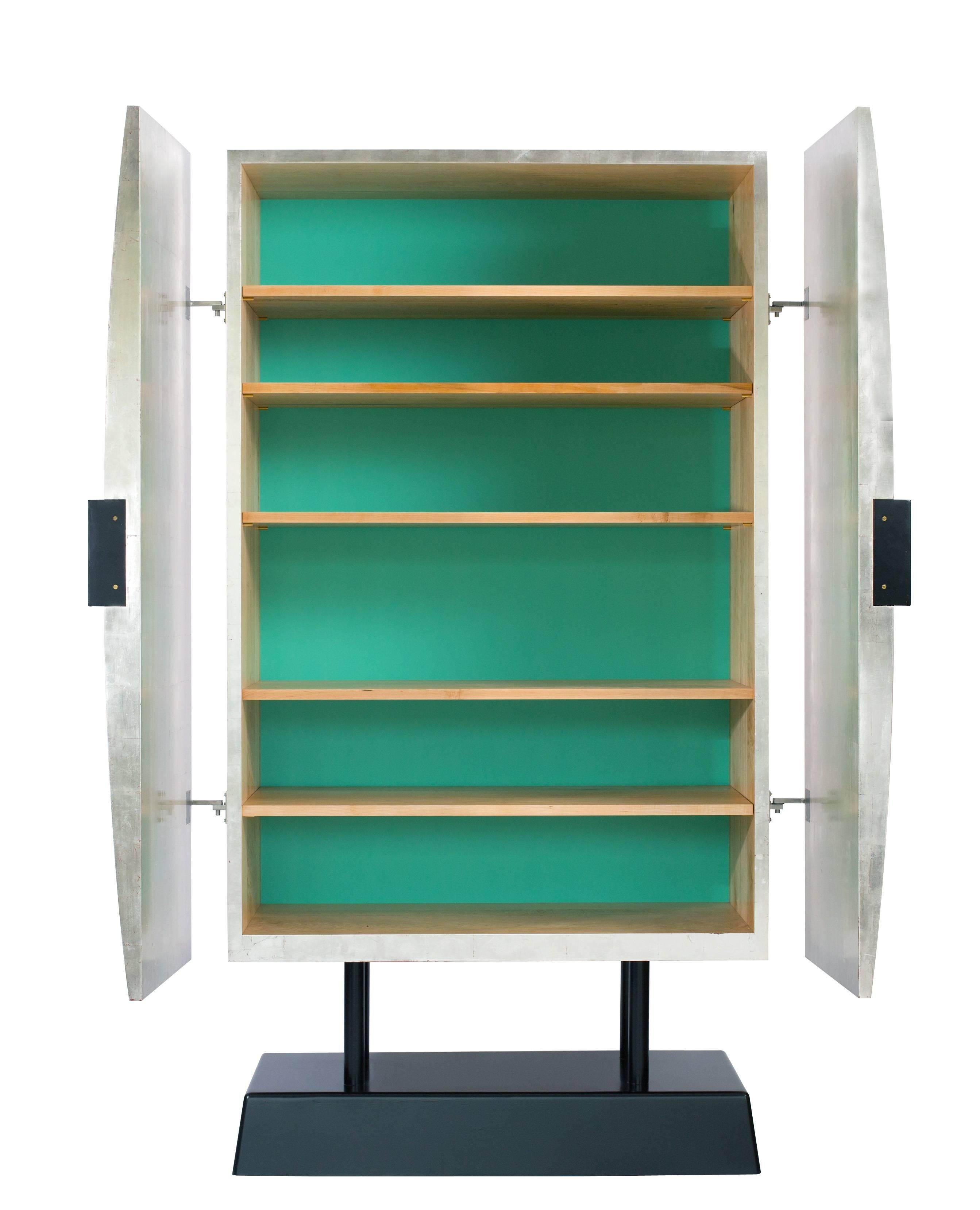 American Hand-Crafted Maple and Silver Leafed Bow Front Cabinet by Bret Cavanaugh