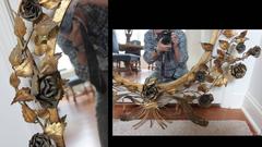 Large Pair of Gilt Metal Floral Oval Mirrors