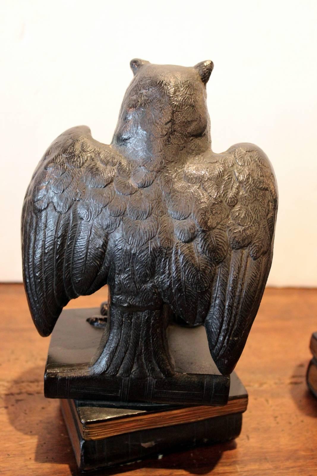 American Pair of Bronze Finish Owl Bookends with Glass Eyes, circa 1920