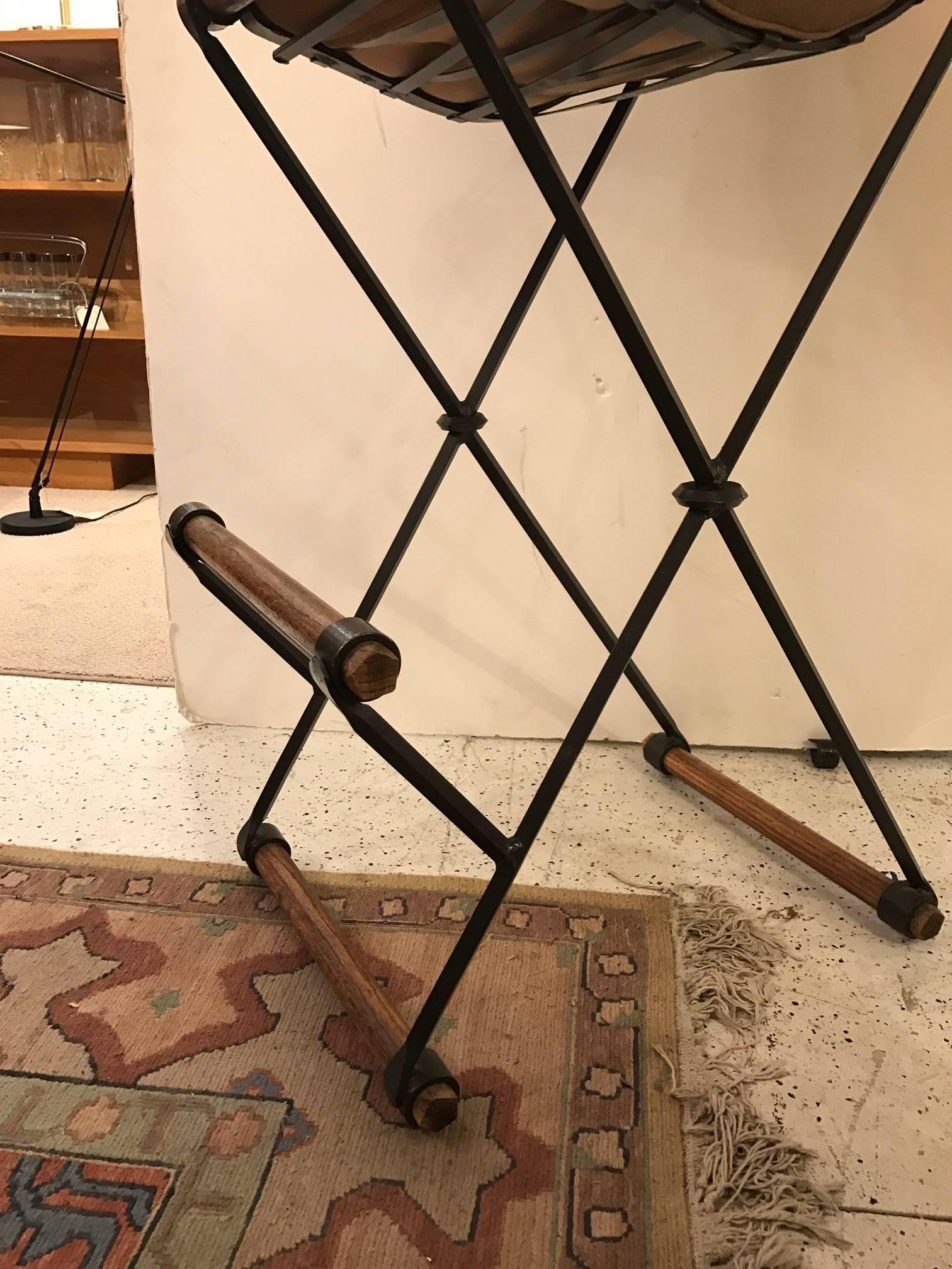 Pair of Wrought Iron and Oak Bar Stools by Cleo Baldon In Excellent Condition In Lambertville, NJ